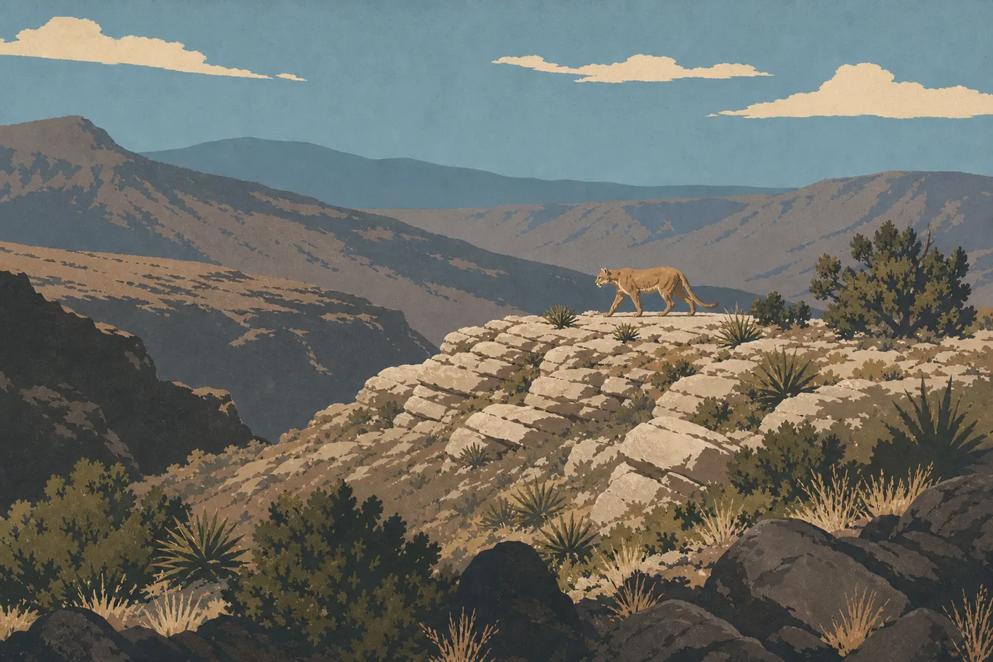 Screen-printed illustration: A mountain lion moves quietly along an isolated rocky ridge in the backcountry of Carlsbad Caverns.