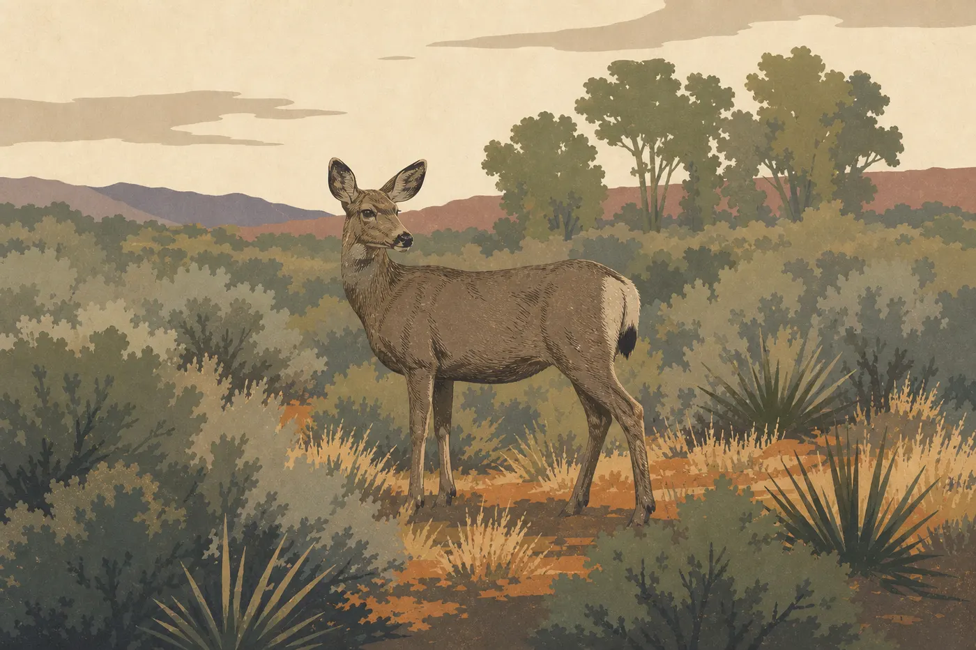 Illustration sérigraphiée : Un cerf mulet du désert se tient parmi les yuccas et les arbustes de Rattlesnake Springs