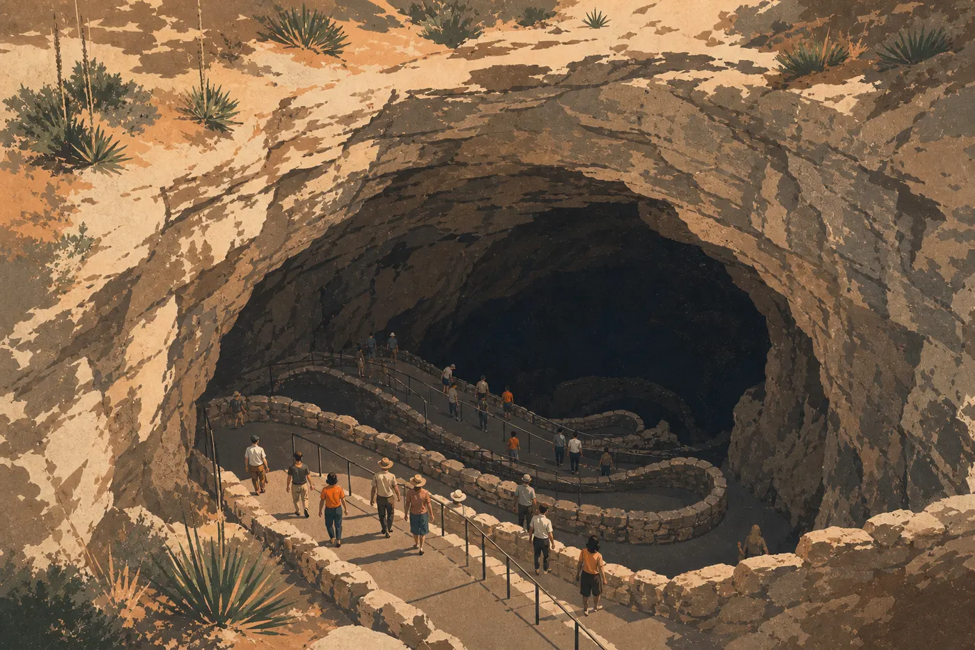 Illustration sérigraphiée : Des visiteurs descendent les lacets pavés de la Natural Entrance sous la grande voûte calcaire sombre