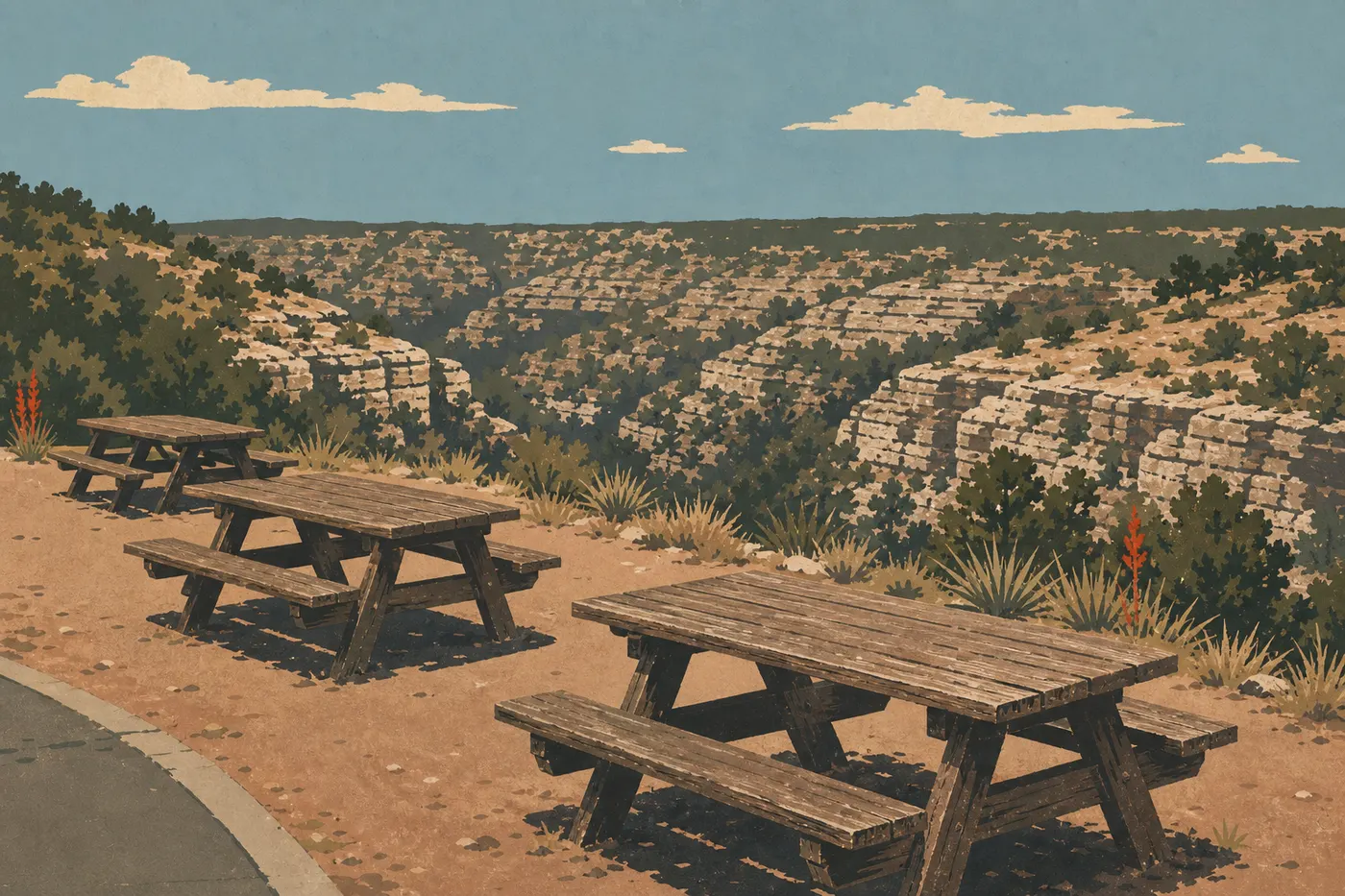 Illustration sérigraphiée : Des tables de pique-nique près du visitor center dominent Walnut Canyon et ses pentes couvertes de yuccas