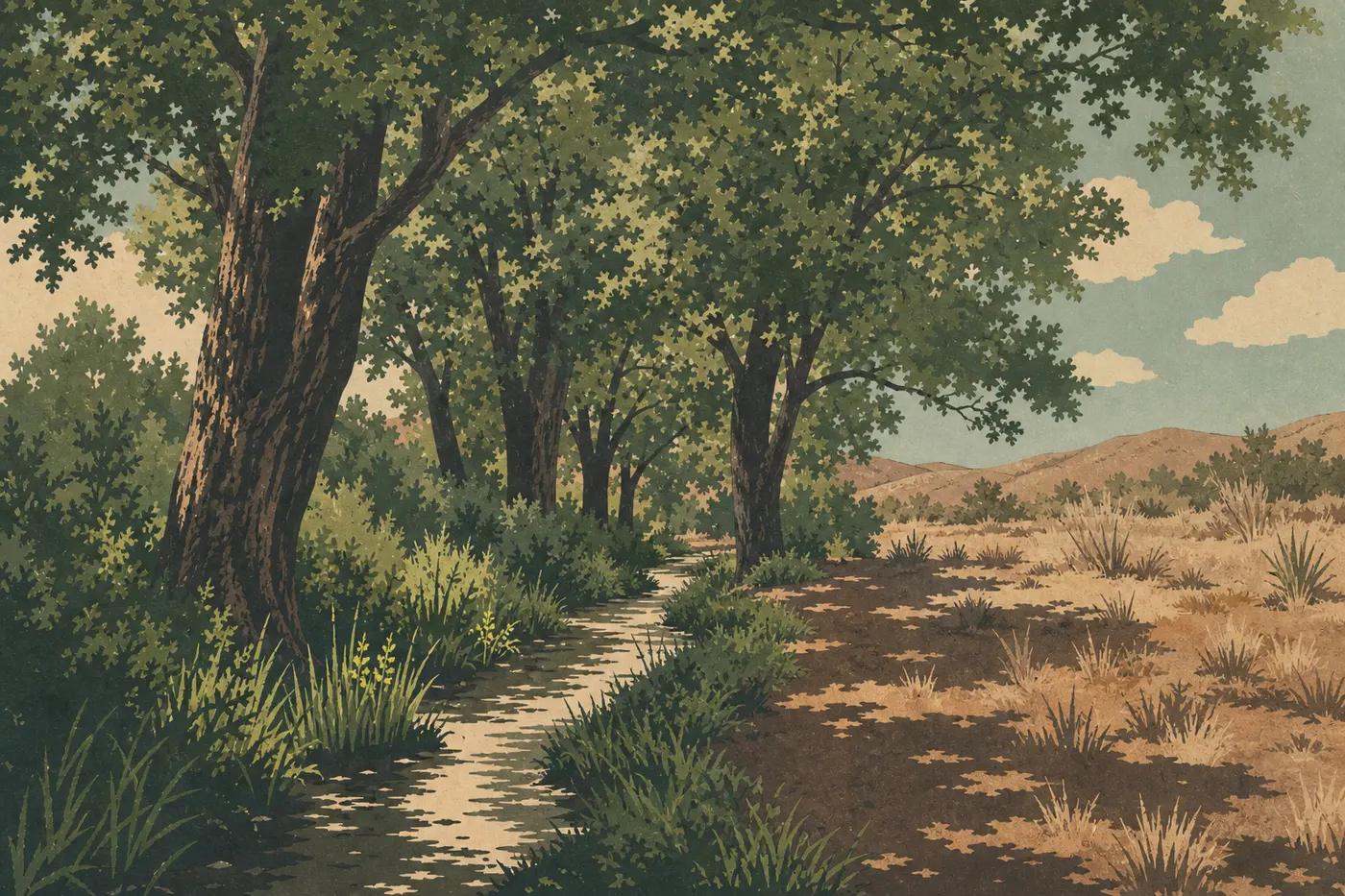 Illustration sérigraphiée : Les grands peupliers de Rattlesnake Springs ombragent la source et son oasis verdoyante au milieu du désert