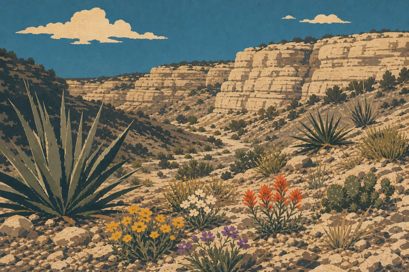 Screen-printed illustration: Spring wildflowers add color among the yuccas and cacti on the slopes of Walnut Canyon.