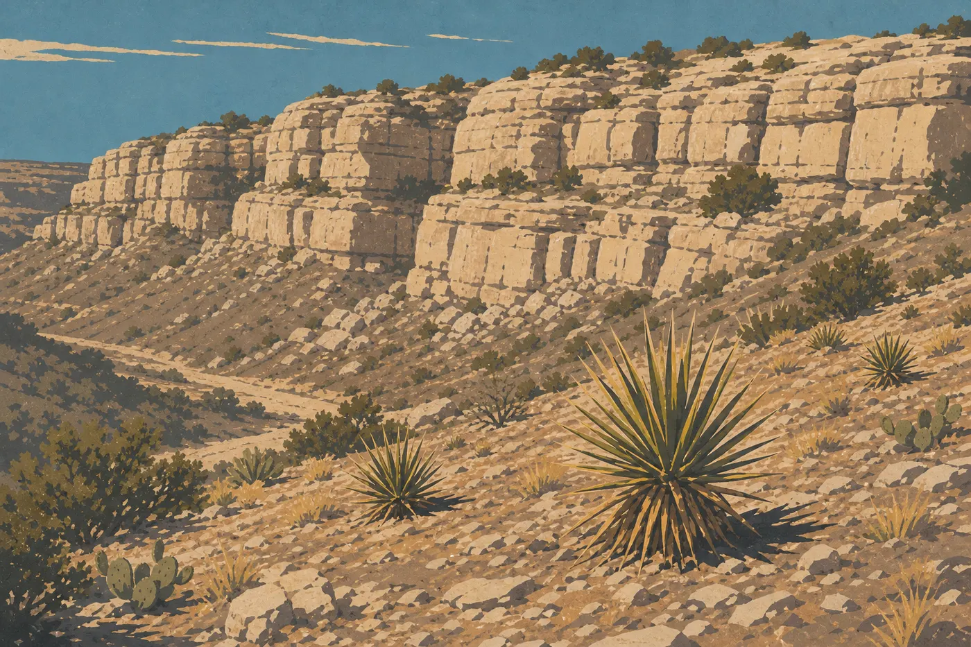 Screen-printed illustration: The summer sun harshly illuminates the yuccas and pale cliffs above Walnut Canyon.