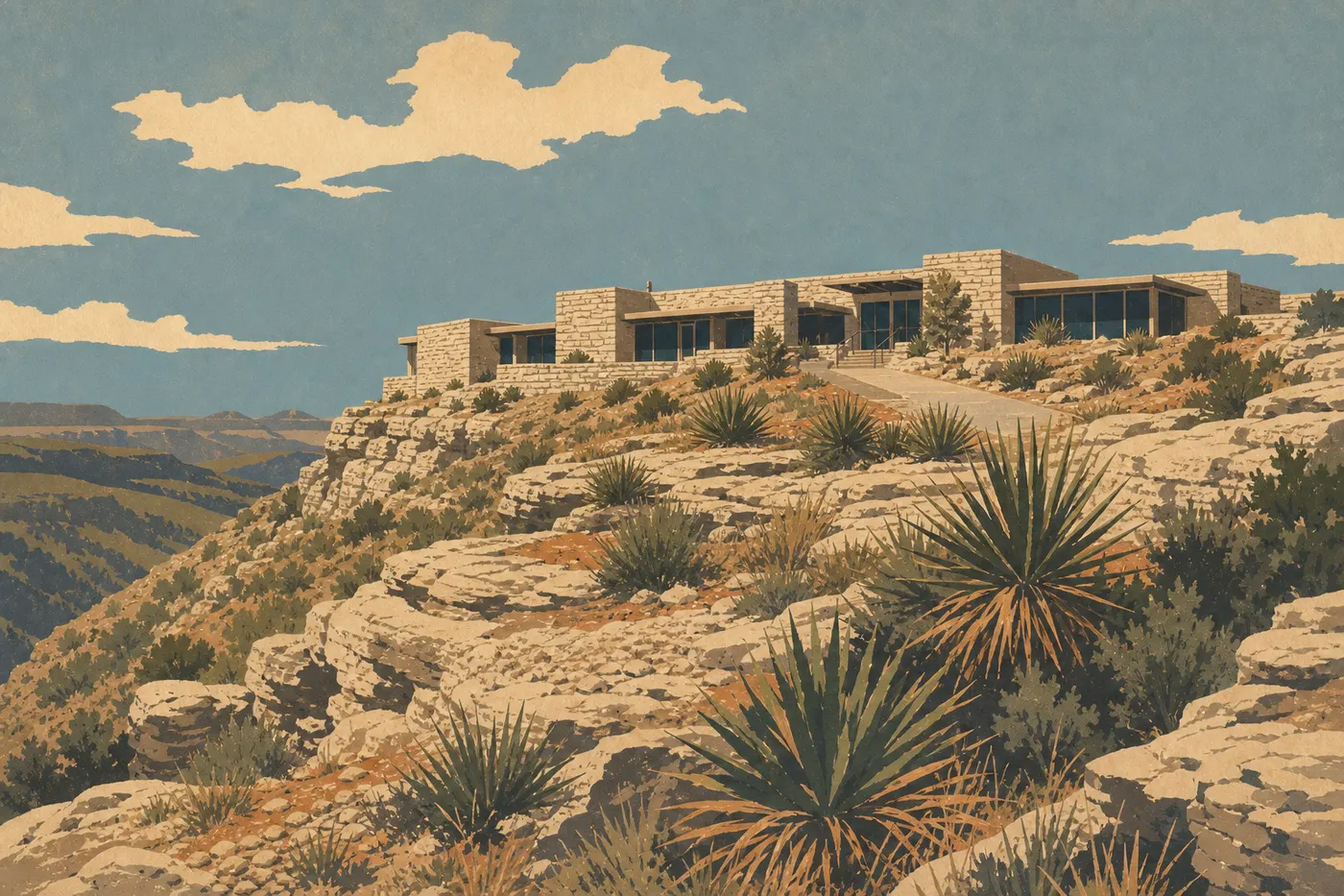 Illustration sérigraphiée : Le visitor center en pierre apparaît sur la crête désertique au-dessus de l'entrée naturelle des grottes