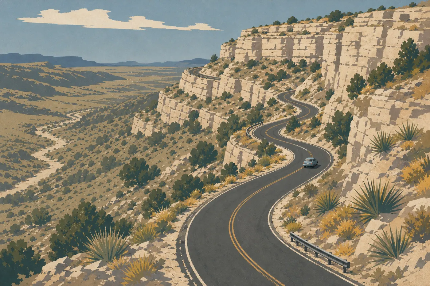 Illustration sérigraphiée : La route d'accès grimpe dans Walnut Canyon entre falaises calcaires genévriers et étendues désertiques