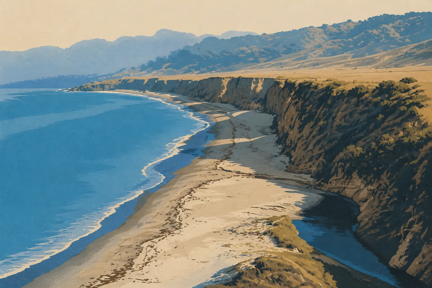 Screen-printed illustration: The deserted beach of Water Canyon stretches along Santa Rosa in golden autumn light.