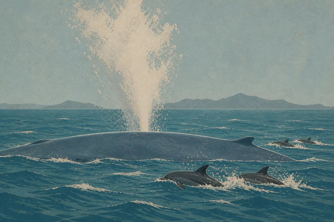 Illustration sérigraphiée : Une baleine bleue souffle dans le chenal de Santa Barbara, accompagnée de dauphins devant les îles brumeuses.
