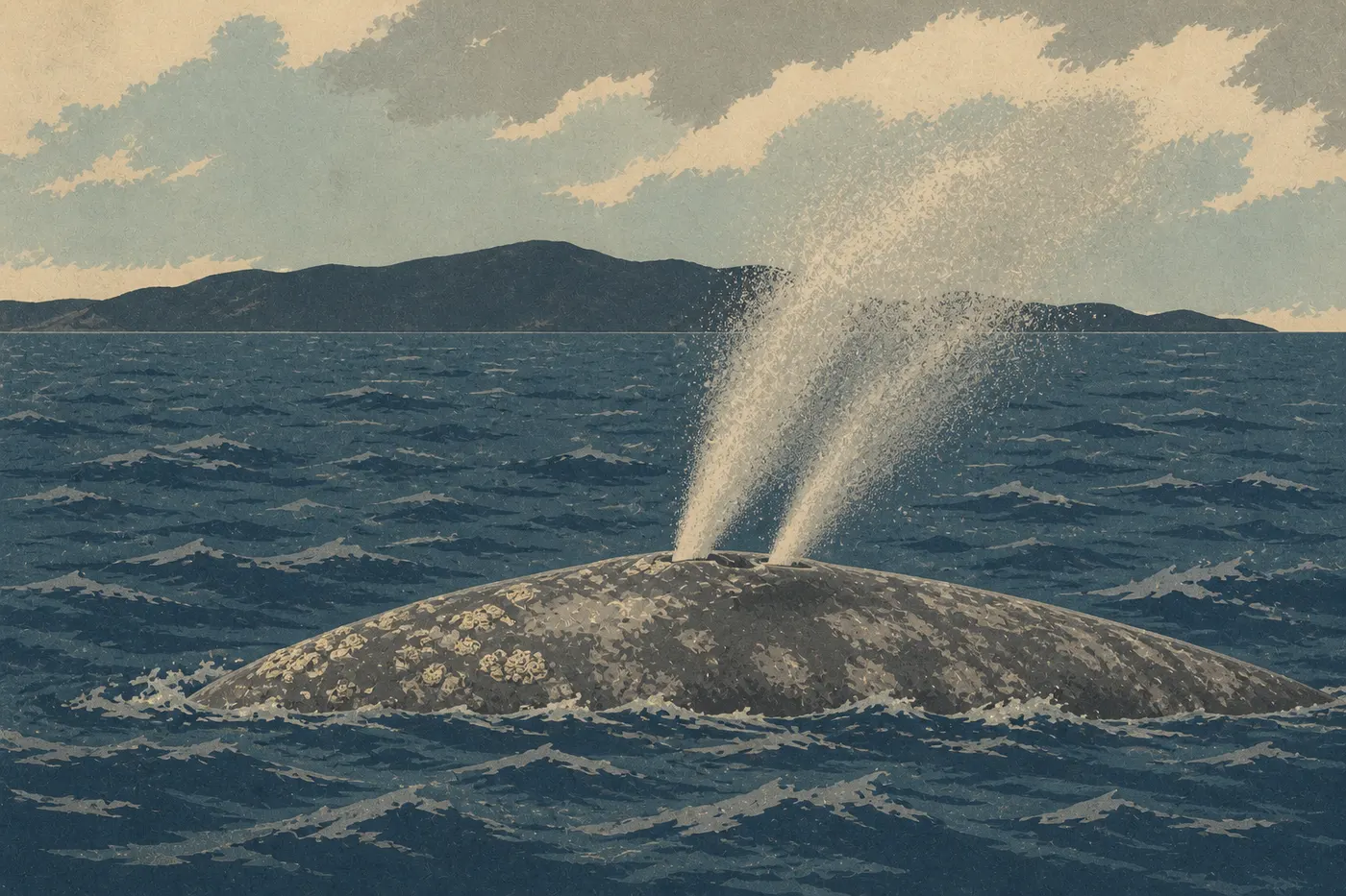 Screen-printed illustration: A migrating gray whale spouts in the winter channel between Ventura and the Channel Islands.