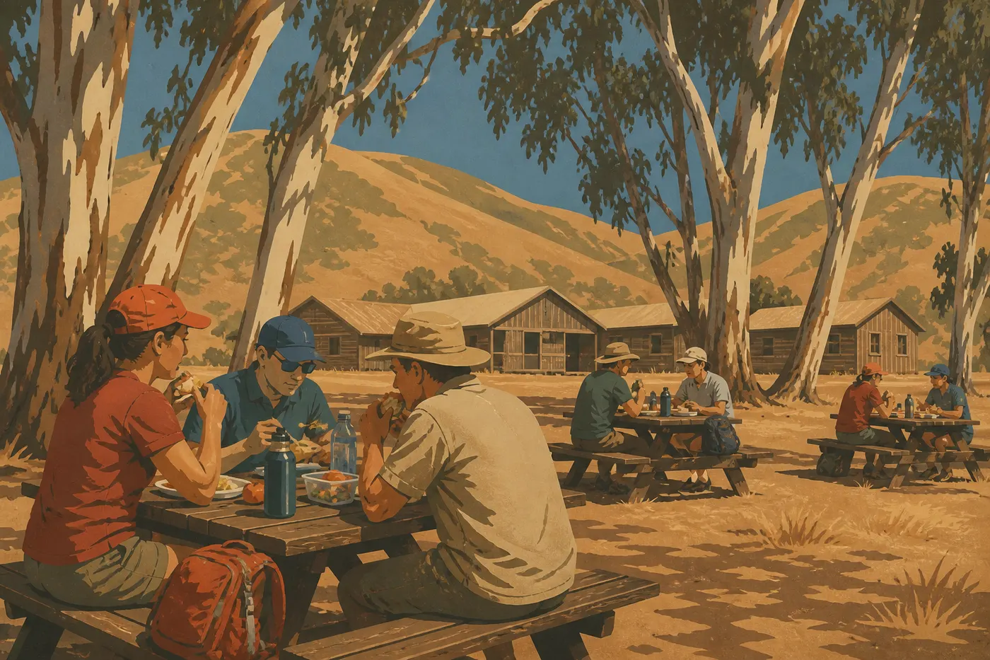 Illustration sérigraphiée : Des visiteurs déjeunent aux tables de pique-nique de Scorpion Ranch sous les eucalyptus de Santa Cruz.
