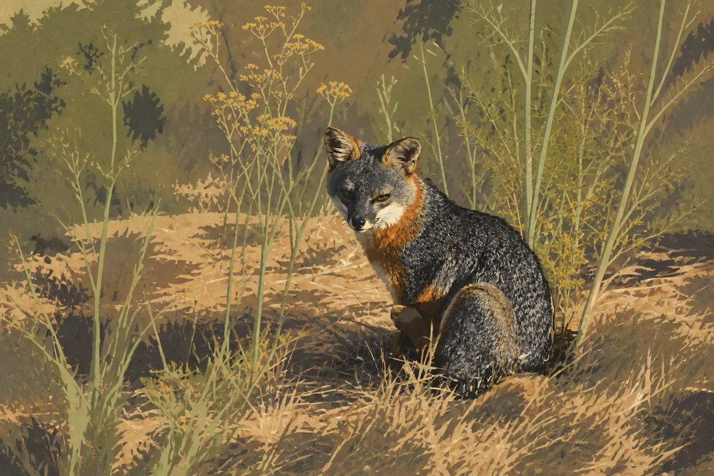 Illustration sérigraphiée : Un renard insulaire se tient sur un sentier de Santa Cruz parmi les herbes sèches et les broussailles.