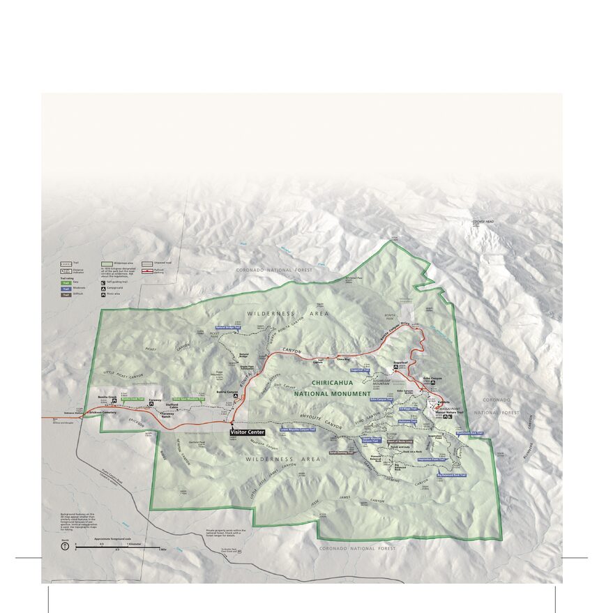 Carte officielle NPS de Chiricahua montrant la limite du parc, Bonita Canyon Drive, le centre d’accueil et les sentiers autour de Massai Point et du Heart of Rocks.