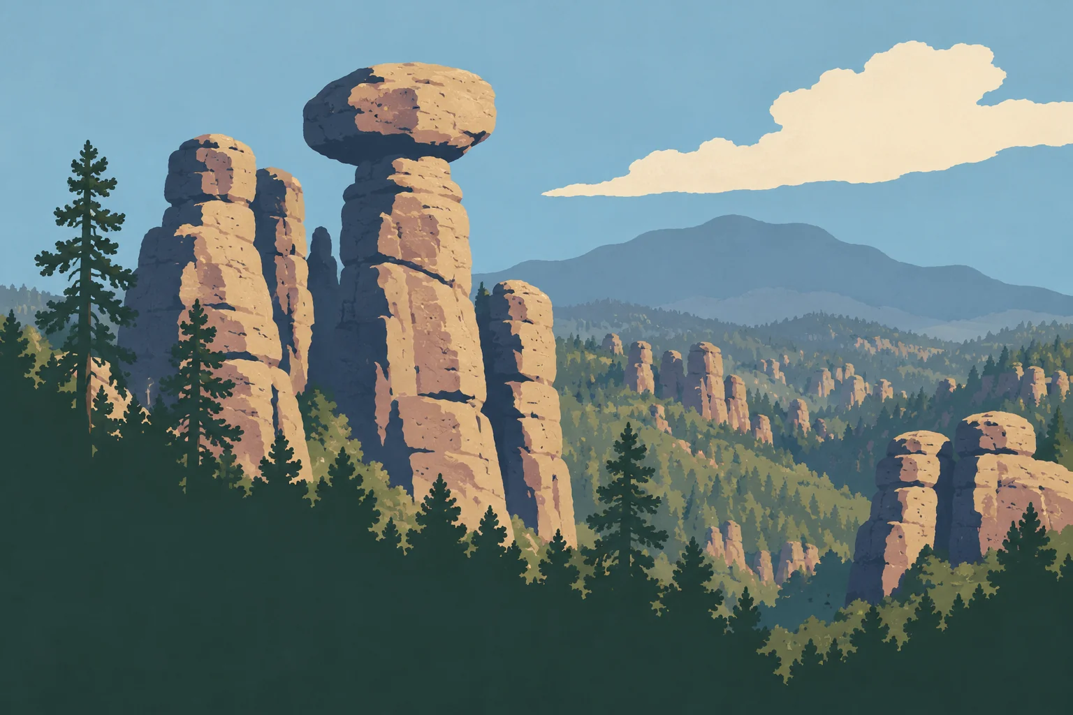Illustration de style WPA des pinacles de rhyolite de Chiricahua, dont un rocher en équilibre, au-dessus d’une forêt de conifères.
