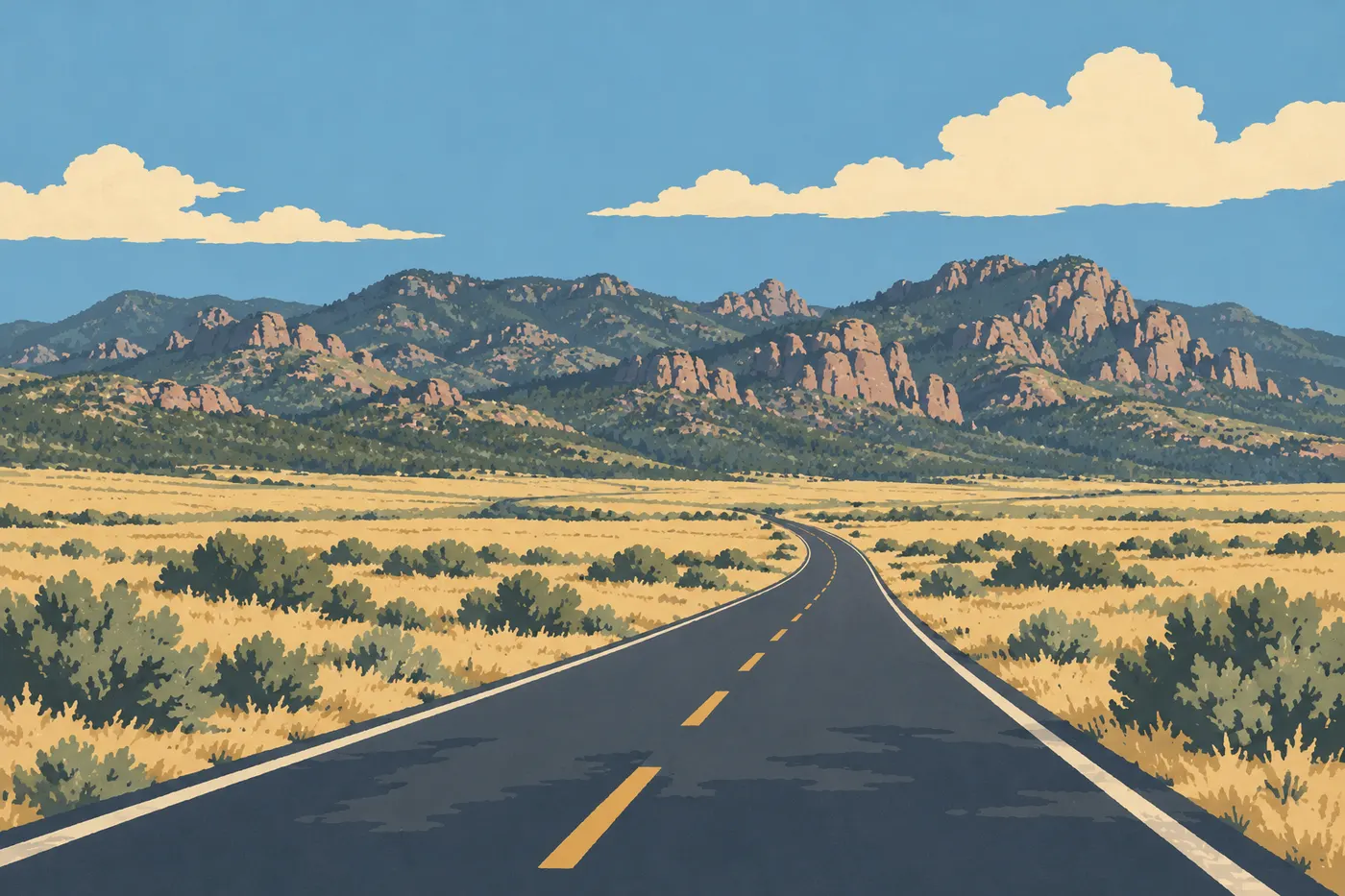 Illustration sérigraphiée : Approche routière depuis les plaines de Willcox vers les Chiricahua Mountains, sans faux panneau.