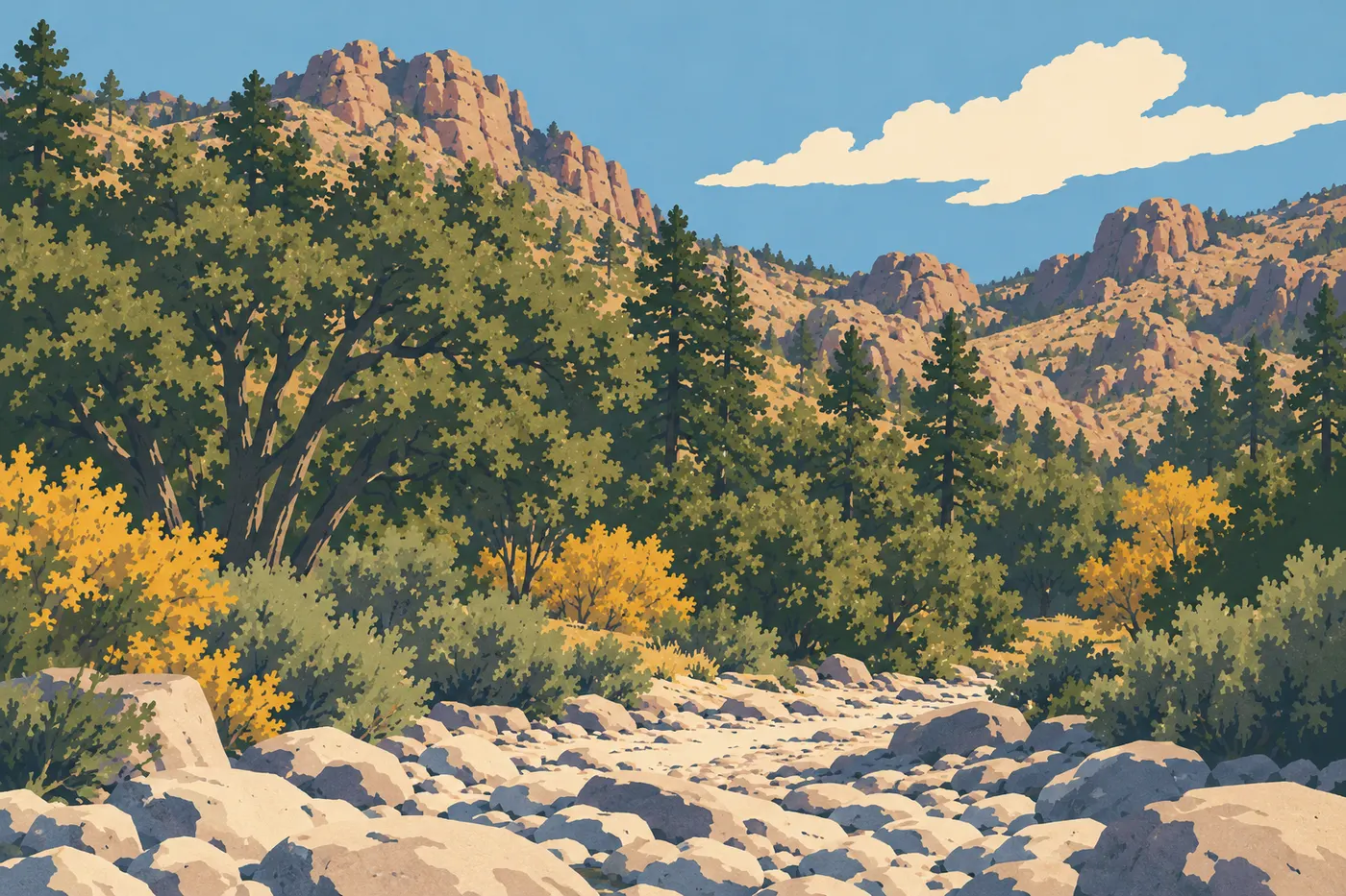 Illustration sérigraphiée : Bonita Canyon en automne, touches de feuillage doré sans transformer tout le massif en forêt caduque.