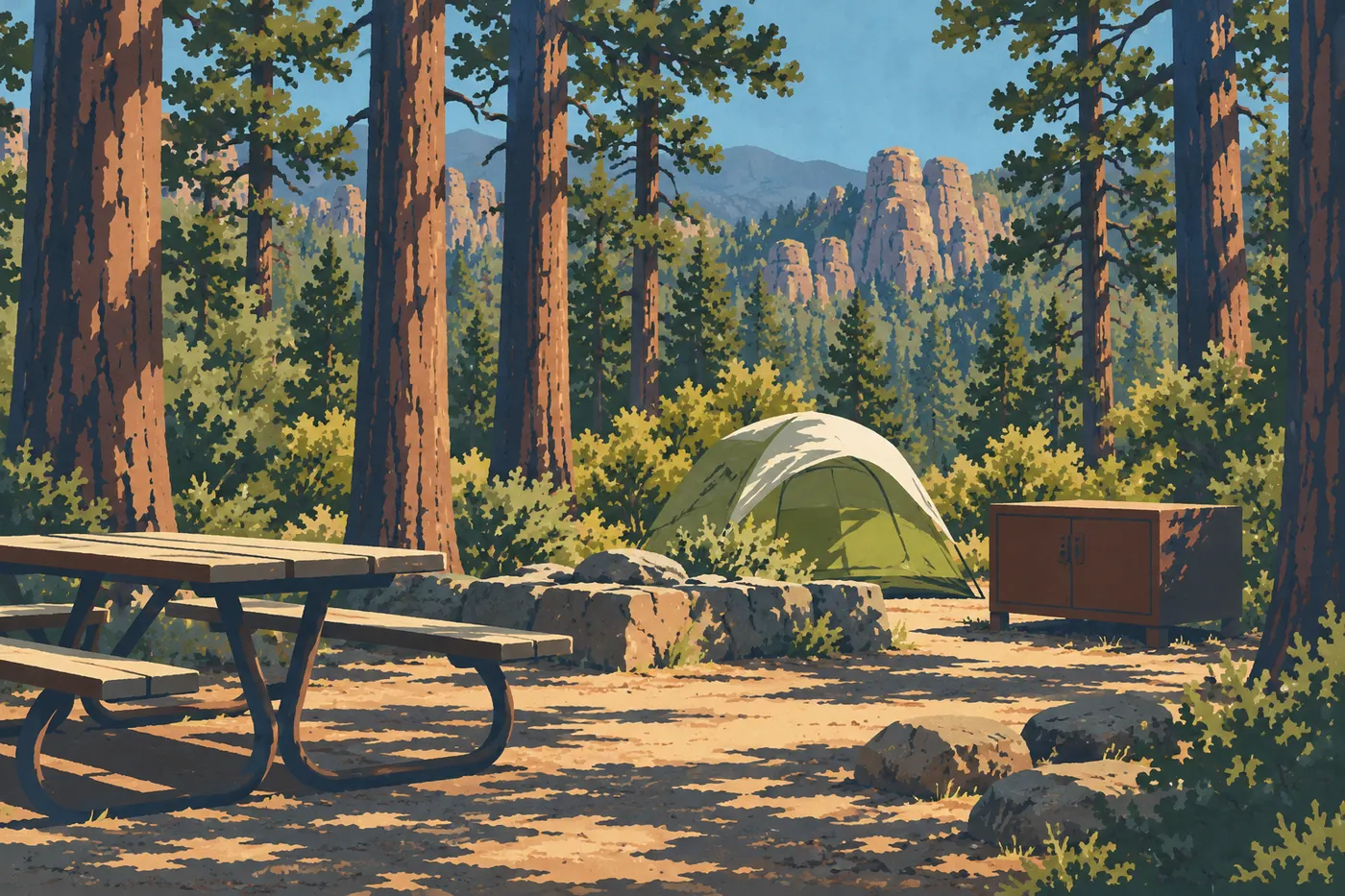 Illustration sérigraphiée : Tentes à Bonita Canyon Campground dans le canyon boisé; aucun branchement inventé.