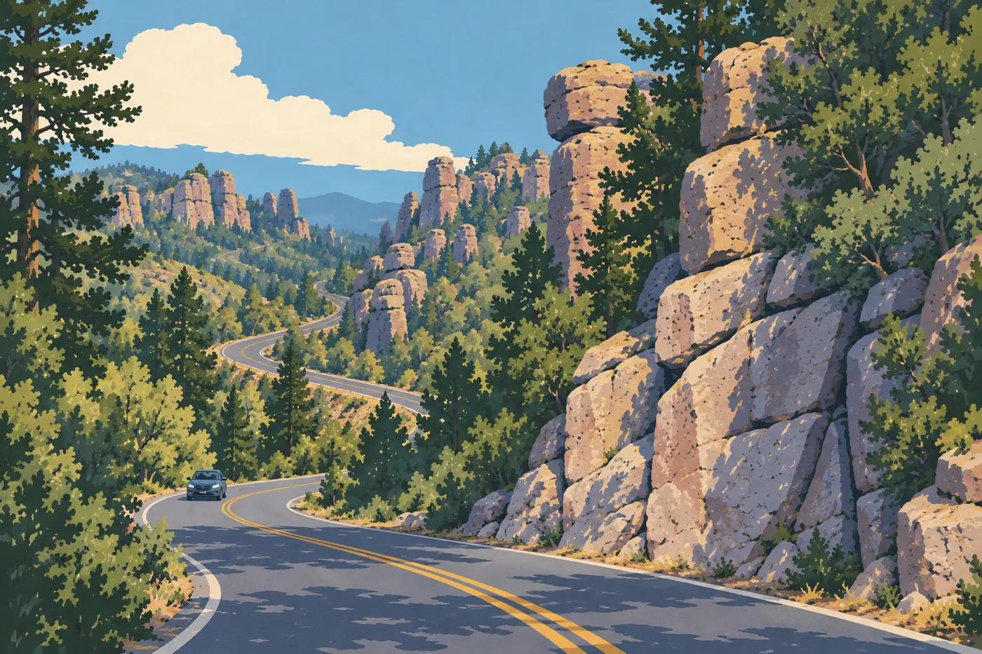 Illustration sérigraphiée : Bonita Canyon Drive en lacets dans le relief, petite voiture, aucune navette.