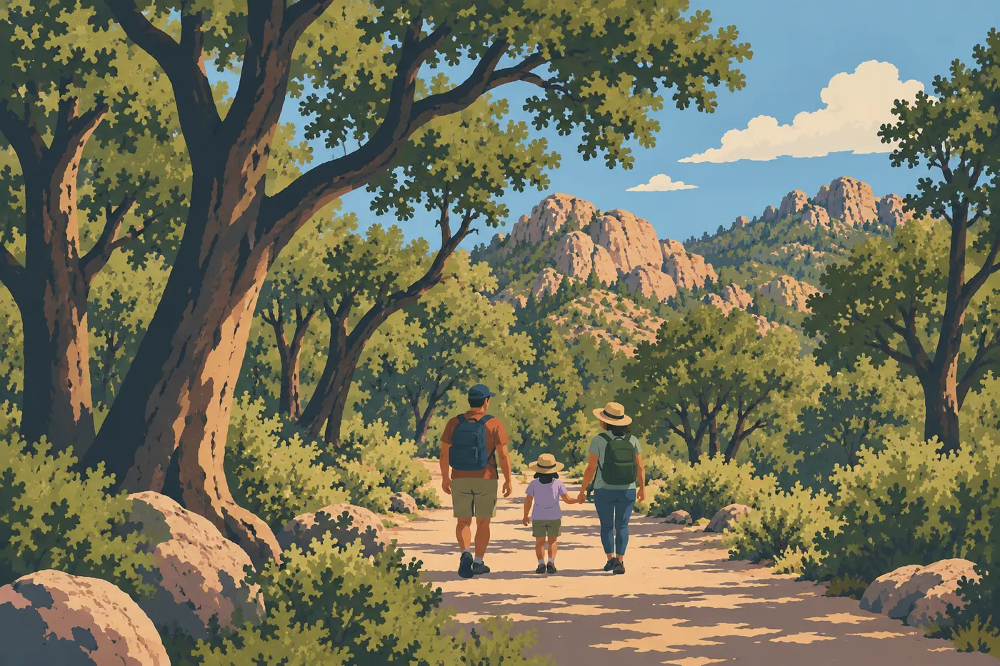 Illustration sérigraphiée : Famille sur Bonita Creek Loop, terrain facile réel, sans promettre accessibilité de tous les sentiers.