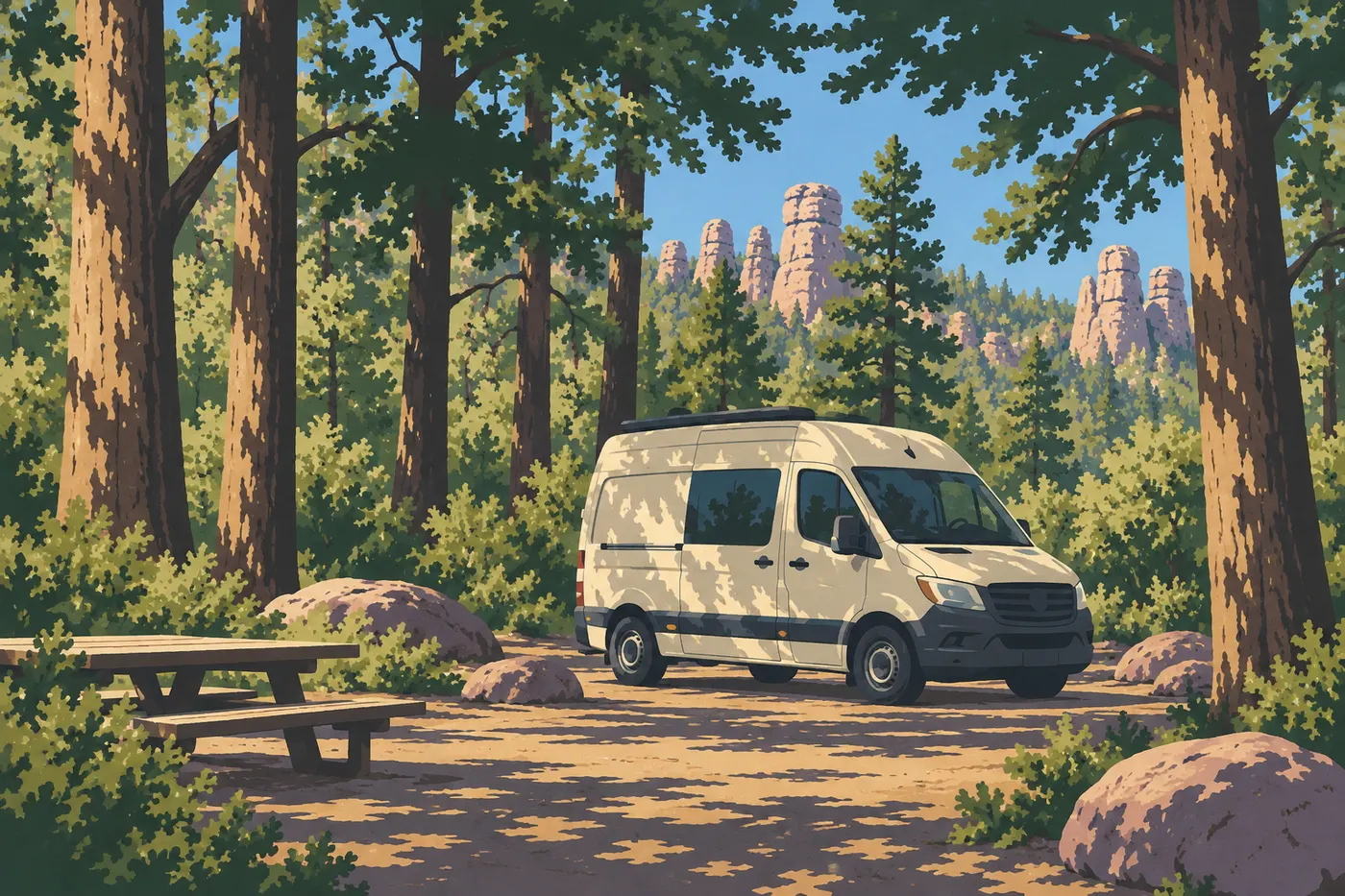 Illustration sérigraphiée : Petit van ou camping-car compact à Bonita Canyon Campground, pas de grand véhicule sur la route haute.