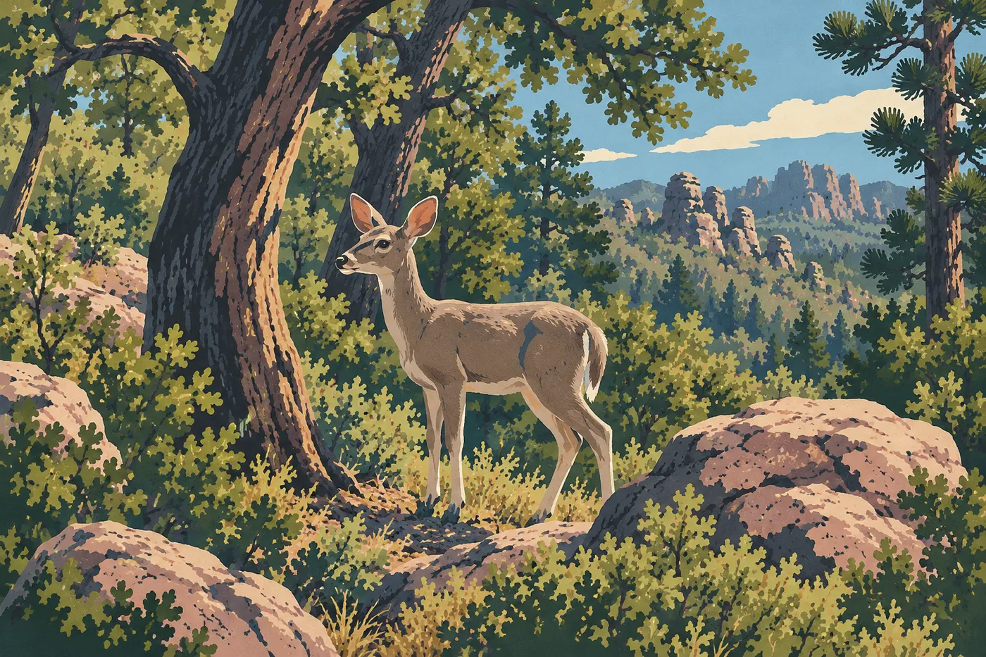 Illustration sérigraphiée : Cerf de Coues dans le couvert boisé du bas du parc.