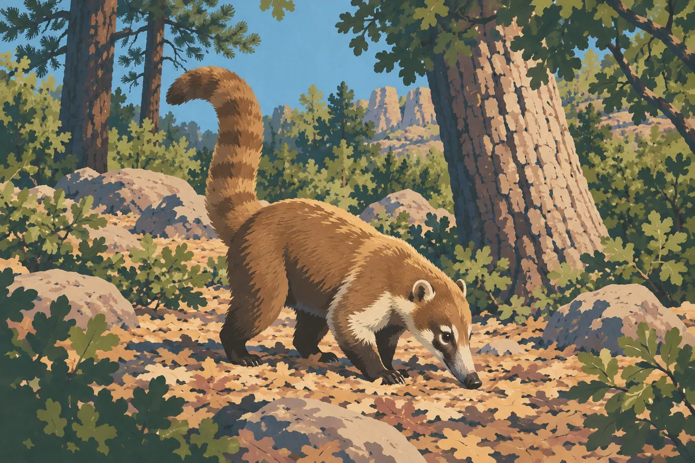 Illustration sérigraphiée : Coati à nez blanc dans le sous-bois de Bonita Canyon, anatomie et queue fidèles.