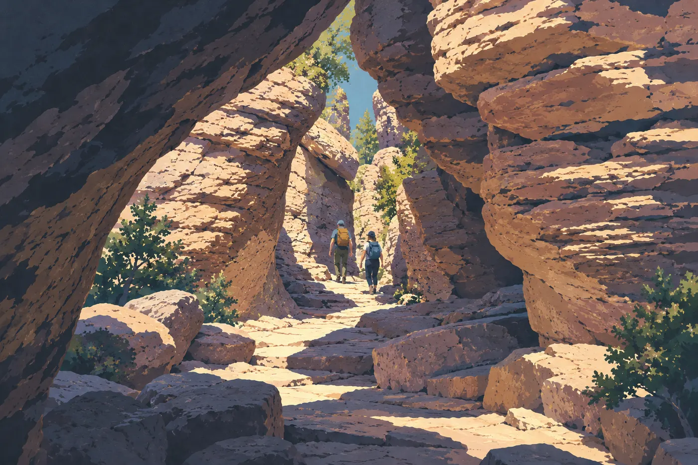 Illustration sérigraphiée : Randonneurs entre les colonnes d’Echo Canyon, étroitesse et terrain rocheux fidèles.
