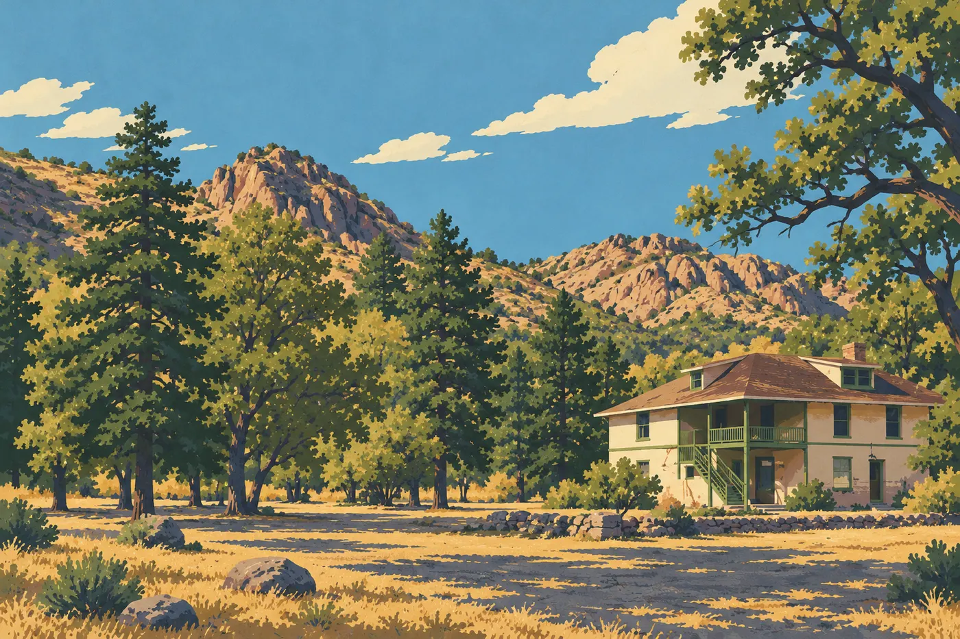 Illustration sérigraphiée : Faraway Ranch et Bonita Creek dans le bas du parc; architecture à valider sur références privées avant génération.