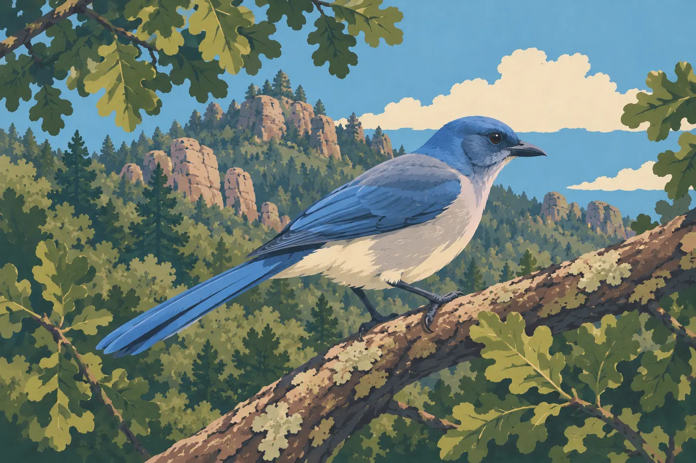 Illustration sérigraphiée : Geai du Mexique sur branche de chêne, silhouette et plumage fidèles.