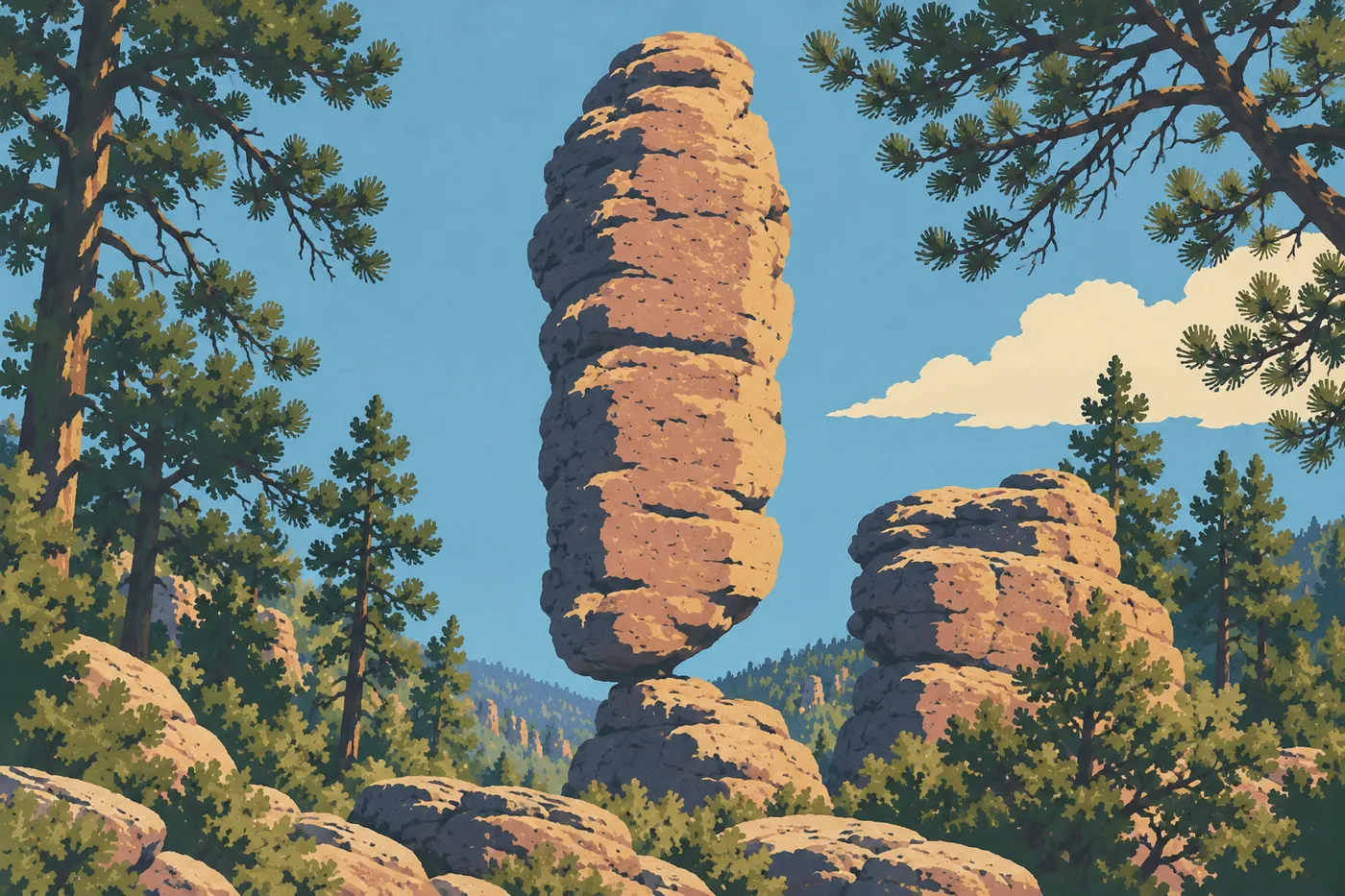 Illustration sérigraphiée : Formations de Heart of Rocks, silhouette de roches documentée, sans route ni parking.