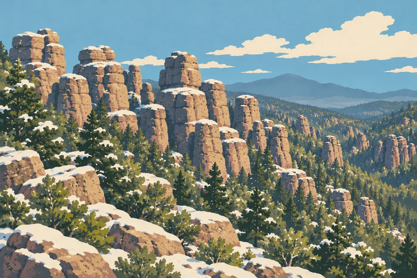 Illustration sérigraphiée : Colonnes du haut du parc sous une neige légère, lumière hivernale.