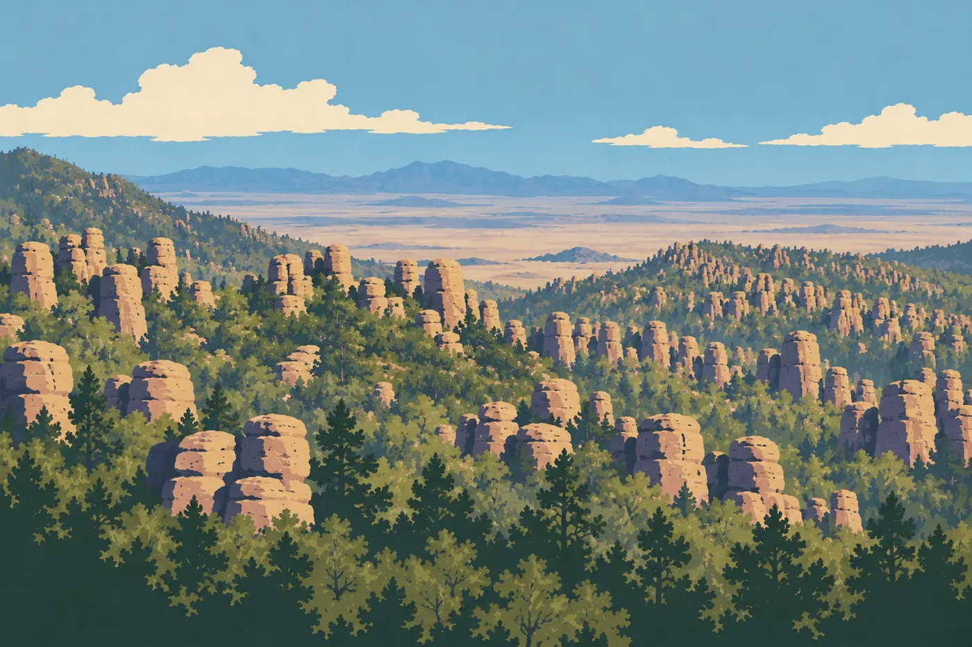 Illustration sérigraphiée : Massai Point : panorama de colonnes rhyolitiques, cadrage large sans infrastructure inventée.