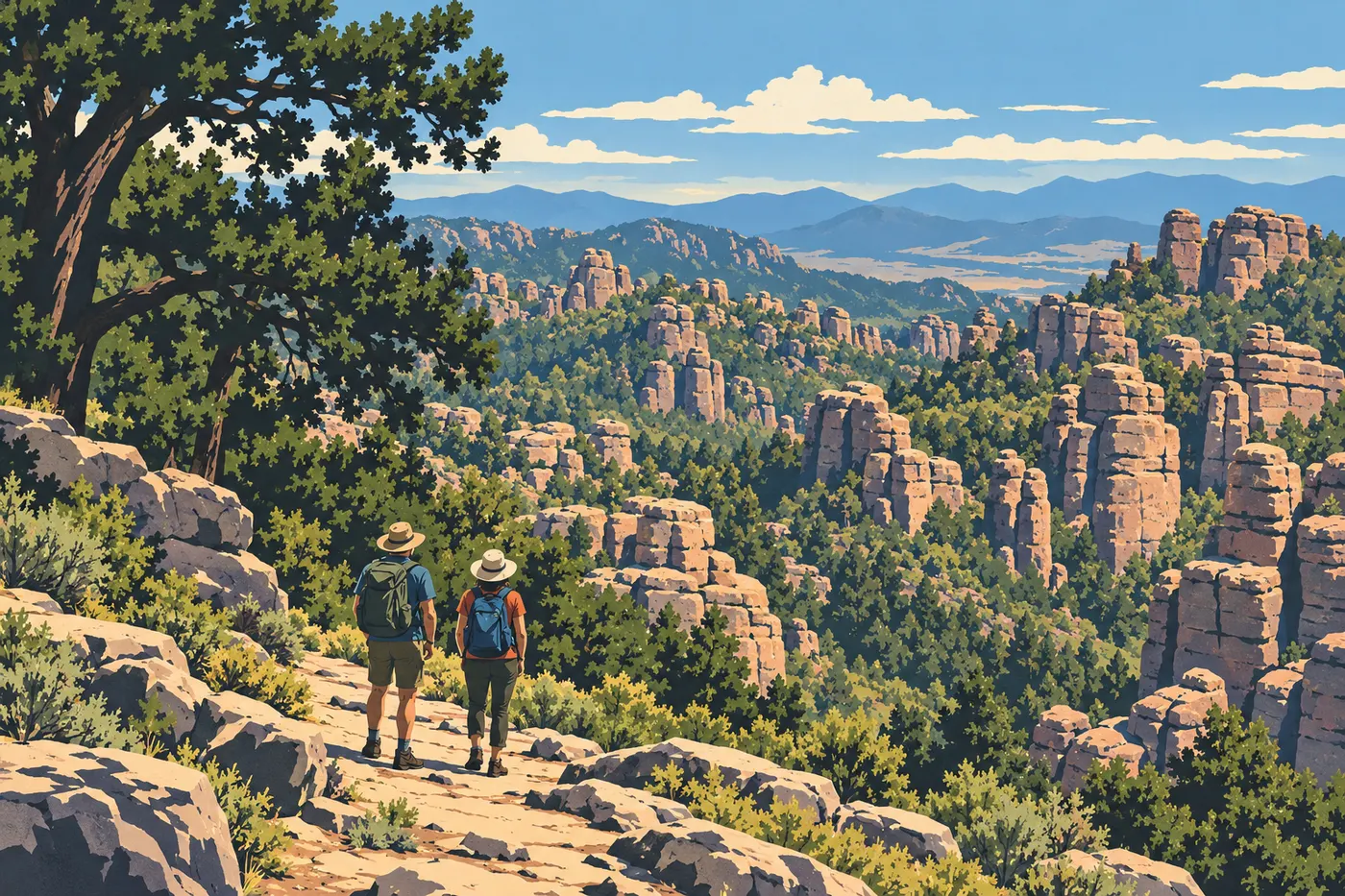 Illustration sérigraphiée : Étapes de la première journée : randonneurs face aux reliefs du haut du parc, composition distincte du panorama Massai.