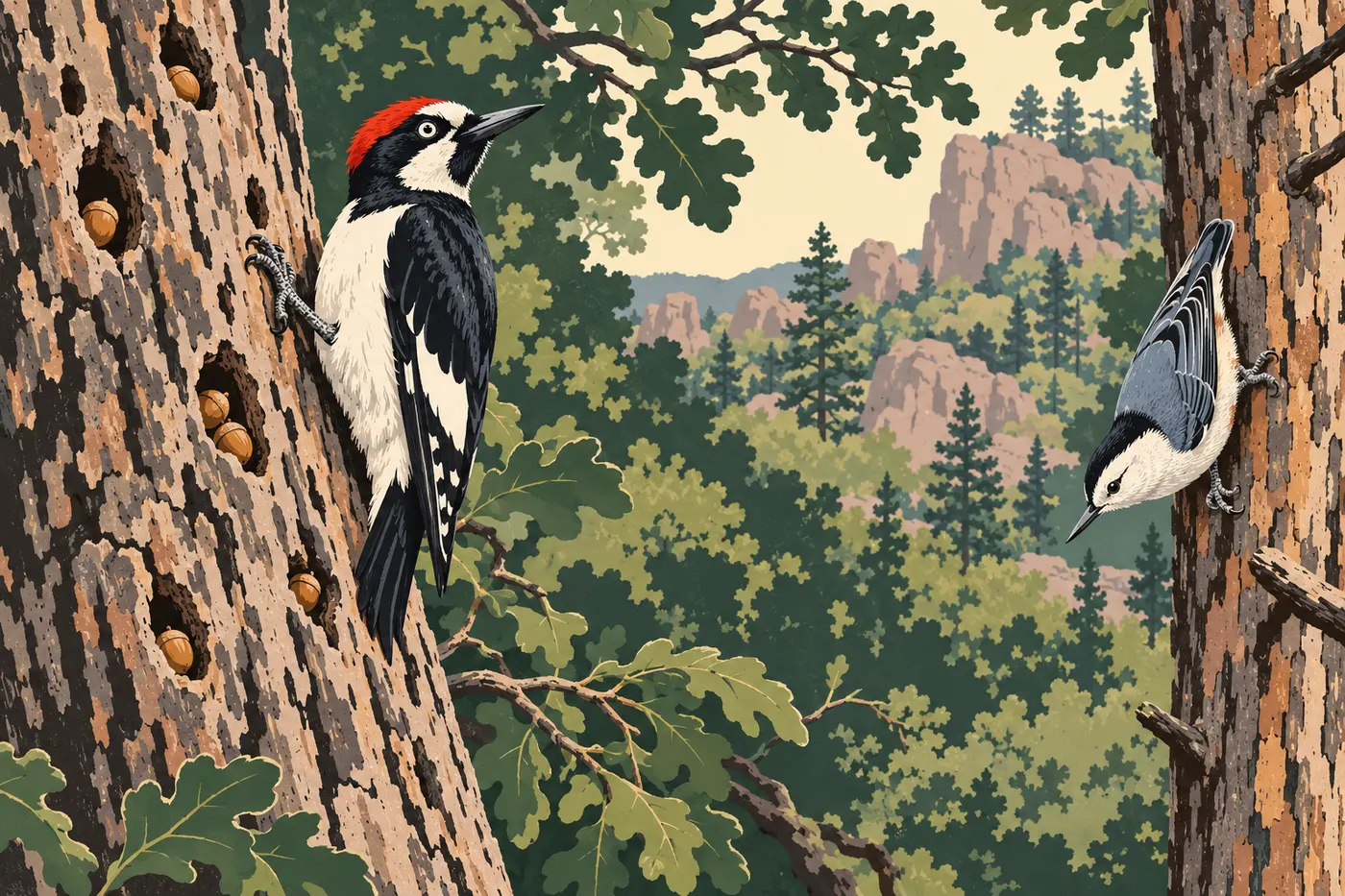 Illustration sérigraphiée : Planche de deux oiseaux : pic glandivore et sittelle à poitrine blanche, anatomies distinctes fidèles.