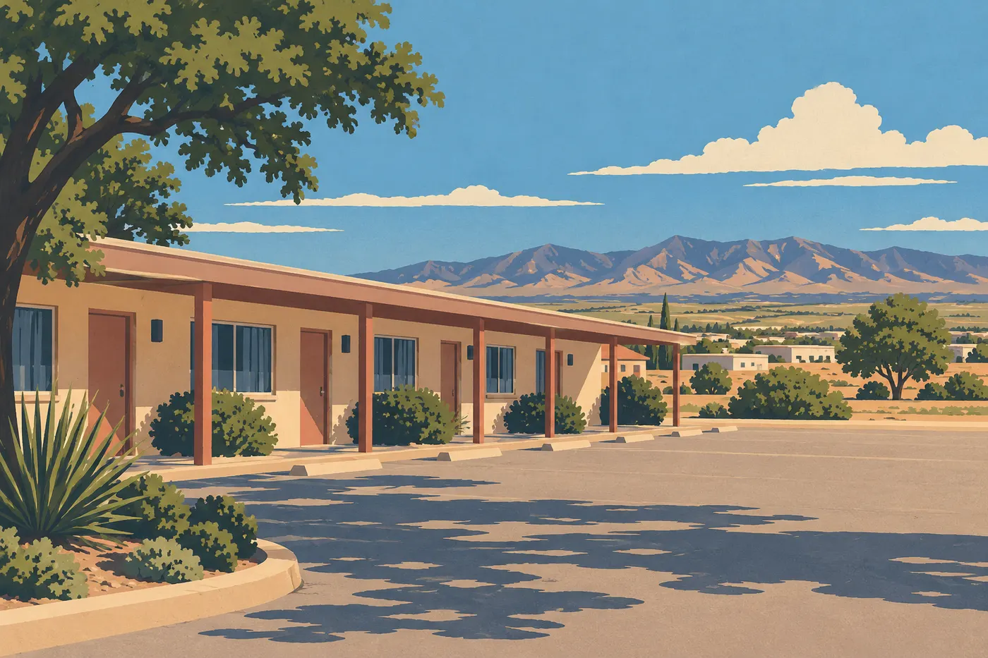 Illustration sérigraphiée : Base hôtelière à Willcox : ambiance de ville-étape, aucune enseigne ni bâtiment commercial prétendu exact; aucun lodge dans le parc.