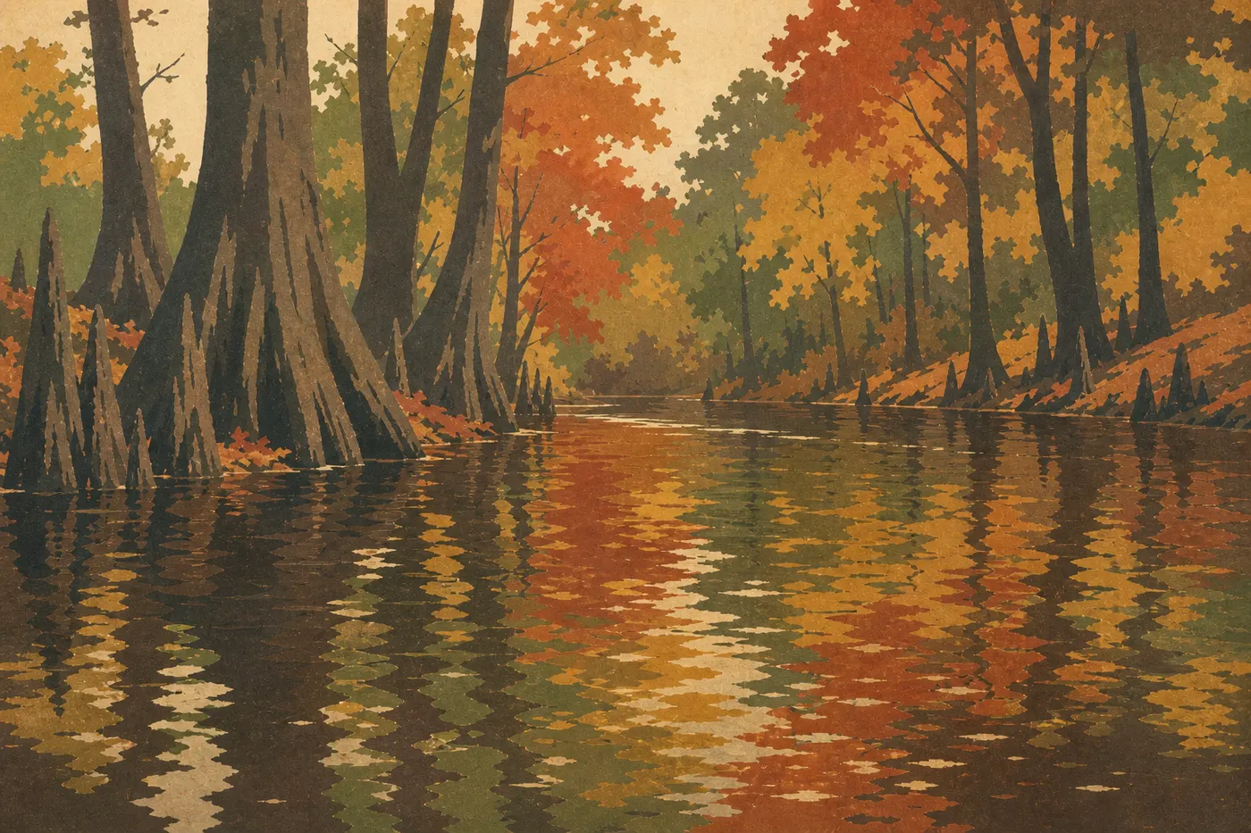 Illustration sérigraphiée : Cedar Creek reflète les feuillages cuivrés et dorés lors du pic des couleurs au début de novembre.