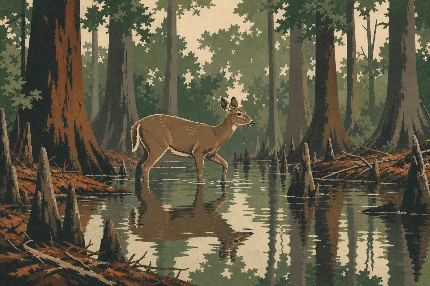 Illustration sérigraphiée : Un cerf de Virginie traverse un slough peu profond dans la forêt de plaine inondable de Congaree.