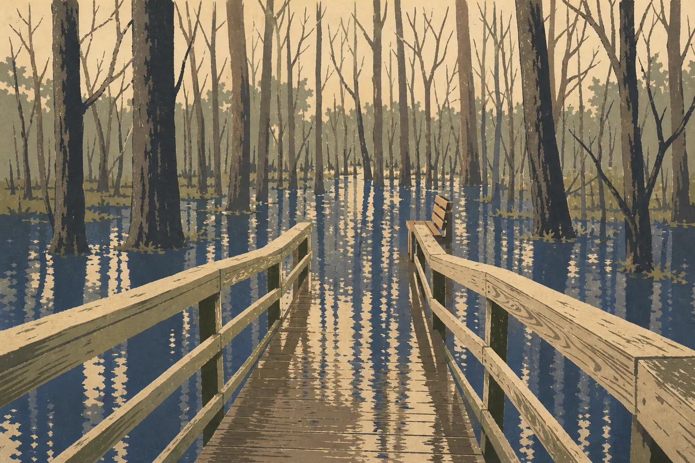 Screen-printed illustration: Boardwalk Trail crosses a flooded winter forest, its bare trunks reflected in still water.