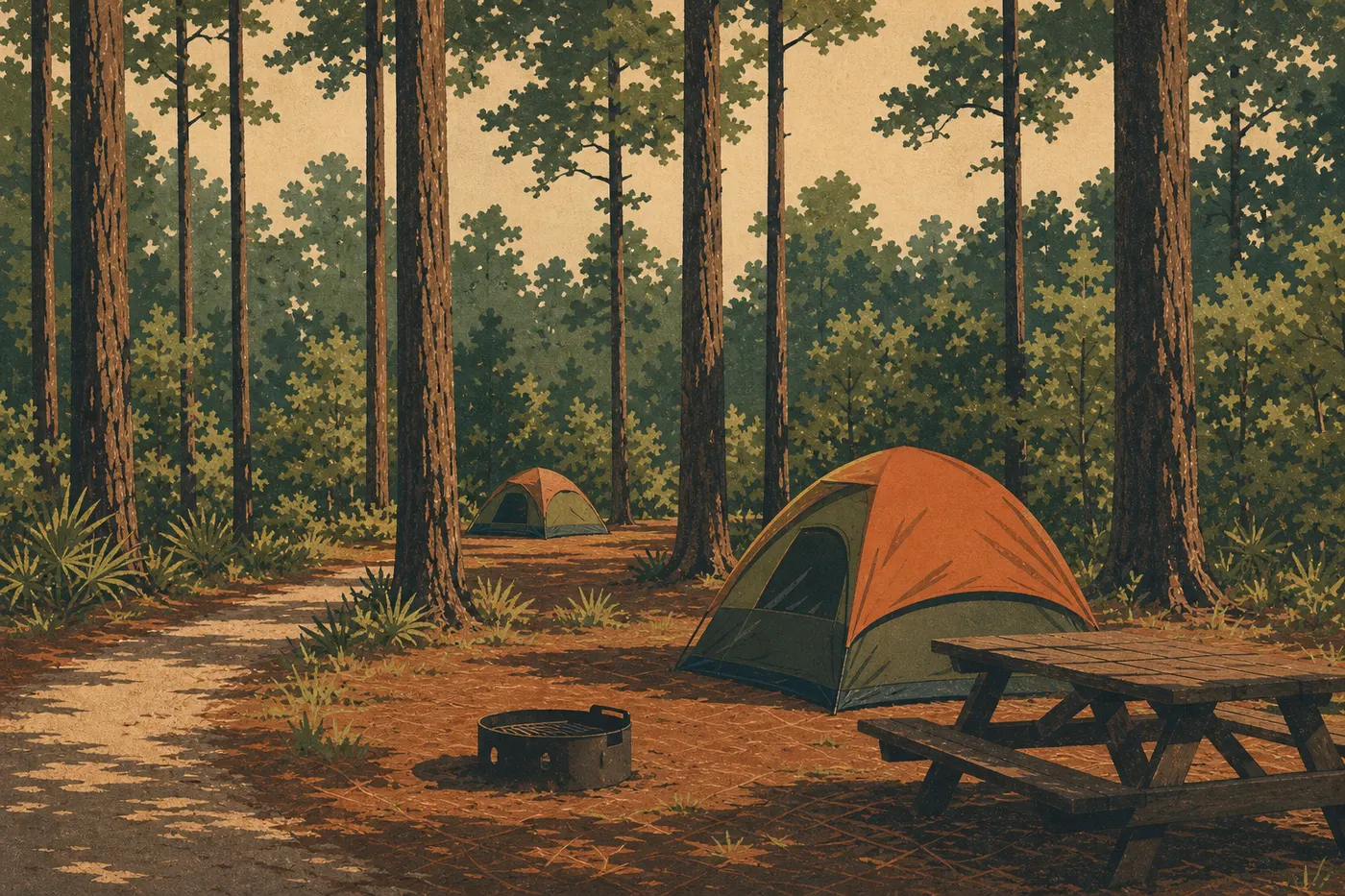 Illustration sérigraphiée : Des tentes occupent les emplacements boisés de Longleaf Campground sous les grands pins proches du centre d’accueil.
