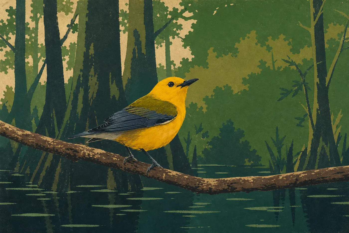 Illustration sérigraphiée : Une paruline orangée jaune vif se perche au-dessus de l’eau sombre dans la forêt marécageuse.
