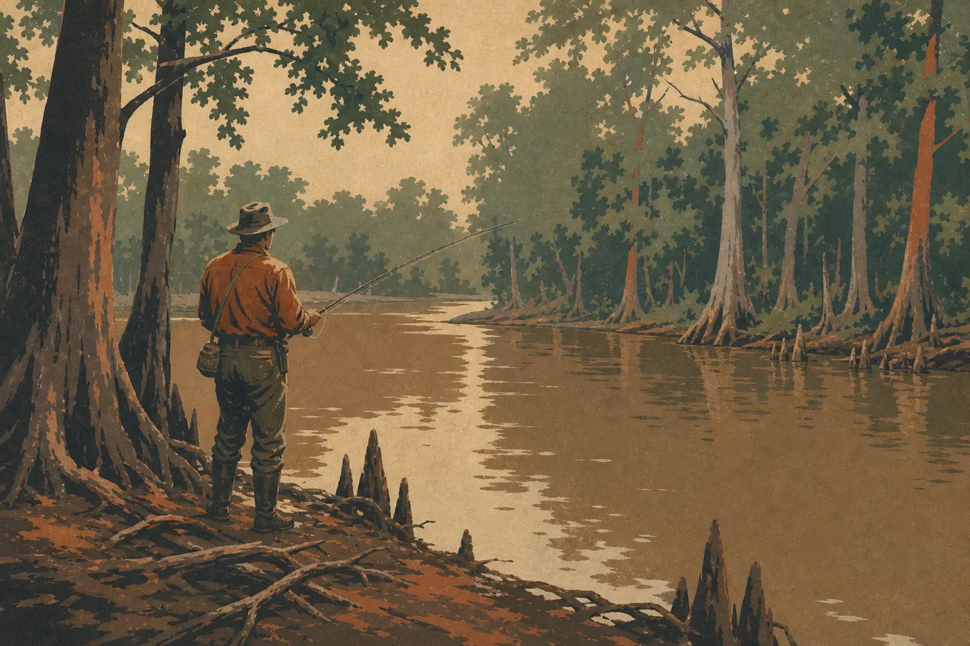 Illustration sérigraphiée : Un pêcheur se tient sur la rive boisée de Cedar Creek, face aux eaux lentes du parc.