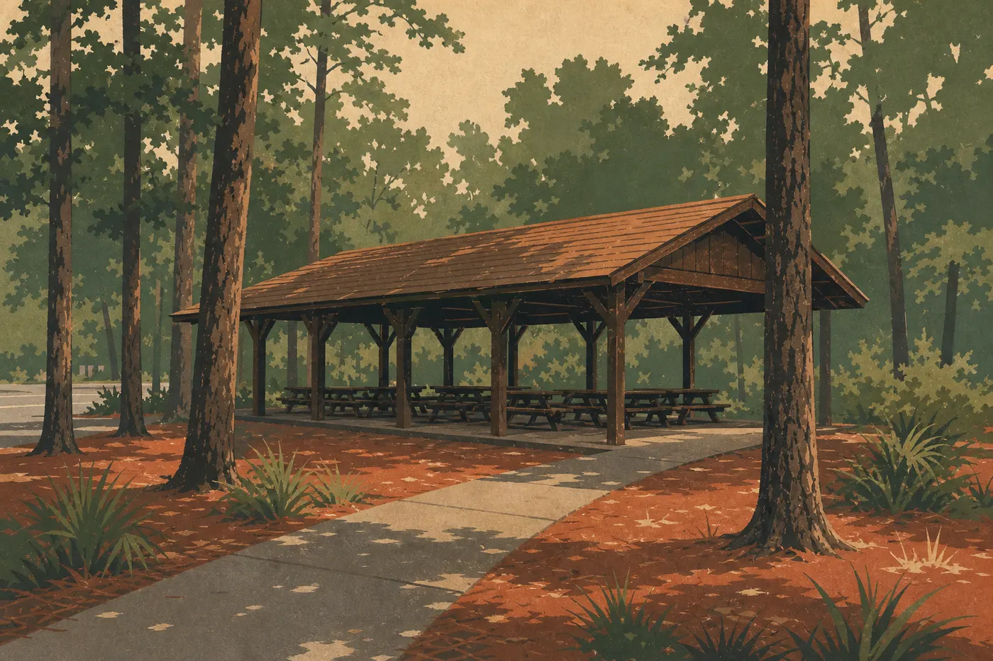 Illustration sérigraphiée : L’abri de pique-nique du Harry Hampton Visitor Center apparaît entre les arbres près du parking principal.