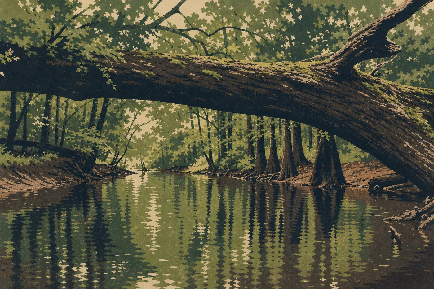 Screen-printed illustration: Tender green spring canopy lines Cedar Creek in soft light before the May heat.