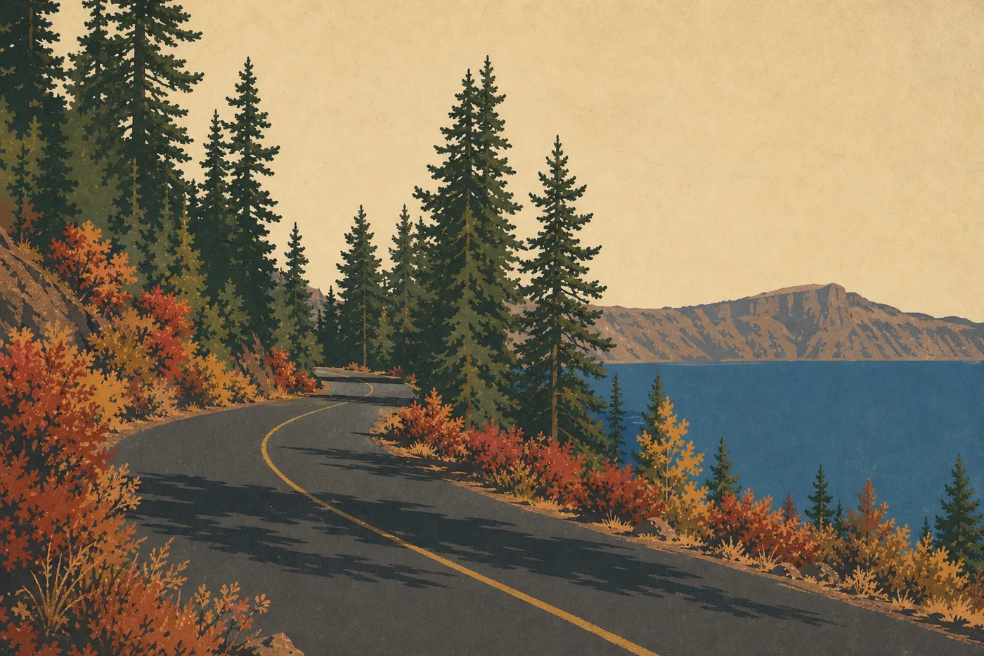 Screen-printed illustration: Rim Drive lined with russet vegetation and conifers in low autumn light