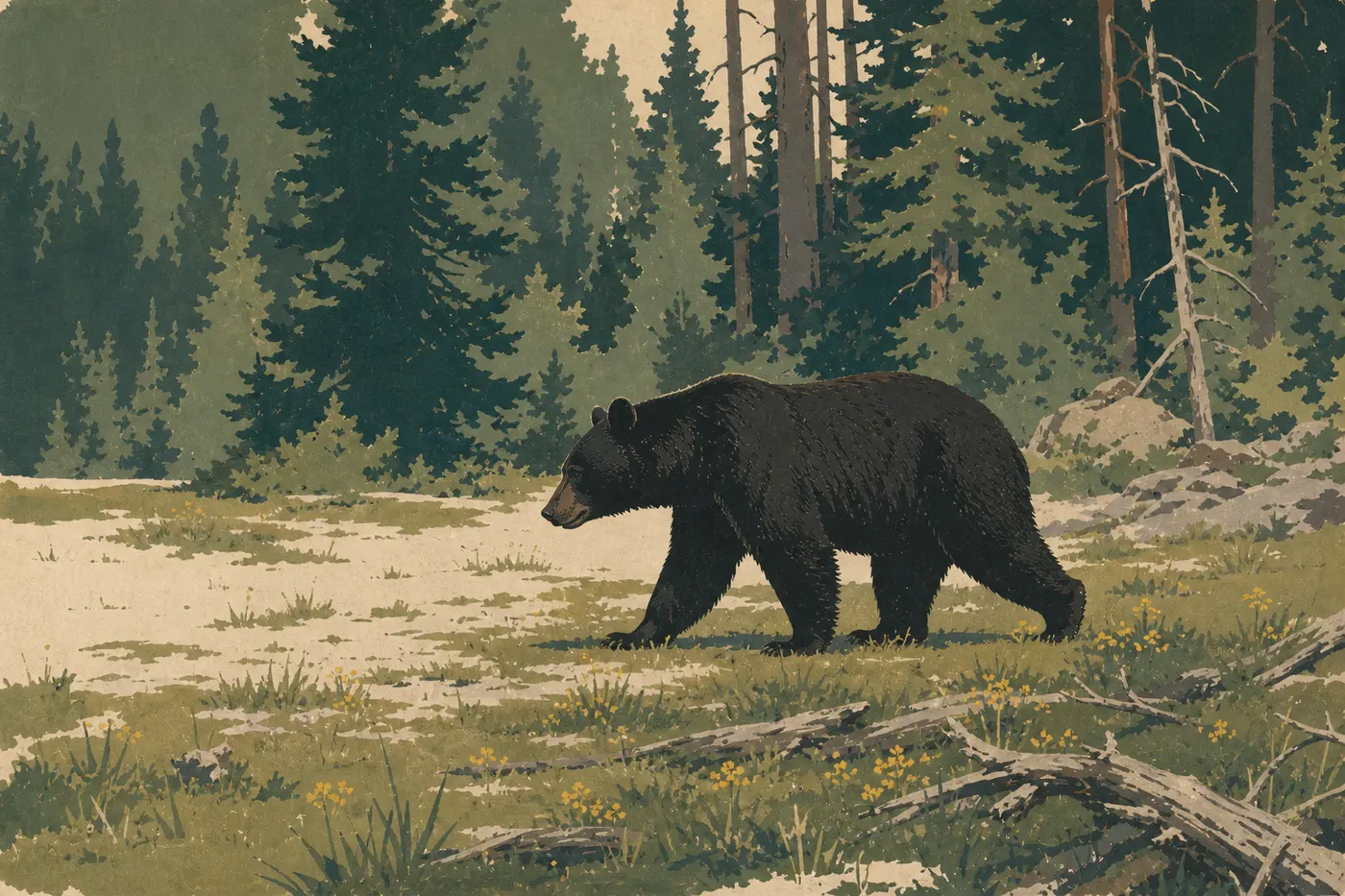 Illustration sérigraphiée : Ours noir traversant une clairière de forêt montagnarde parmi les conifères du parc national