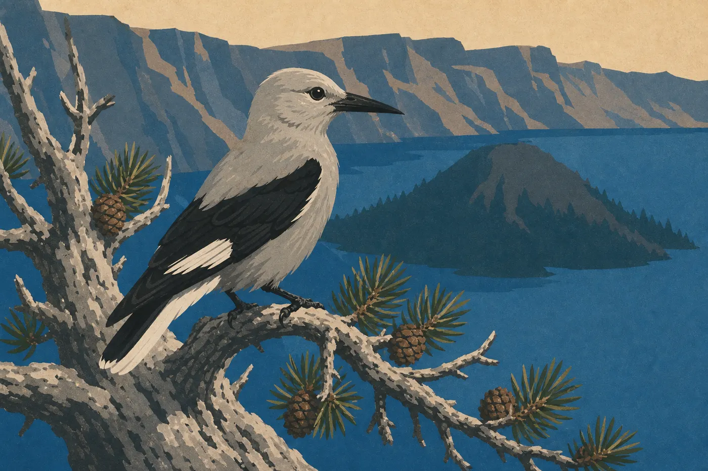 Screen-printed illustration: Clark's nutcracker perched on a whitebark pine branch near the rim
