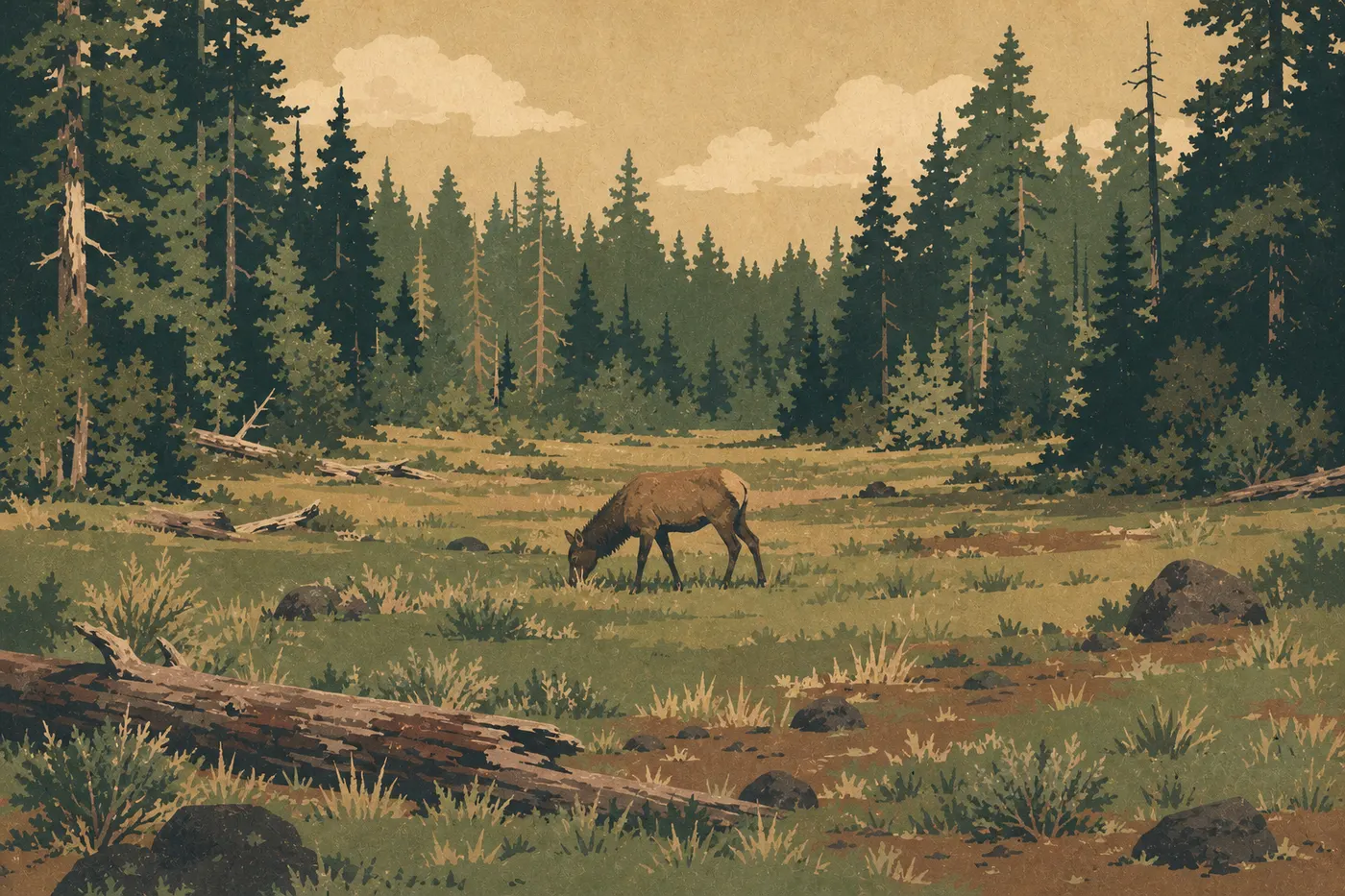 Screen-printed illustration: An elk grazes in a mountain clearing amid the national park's forests.