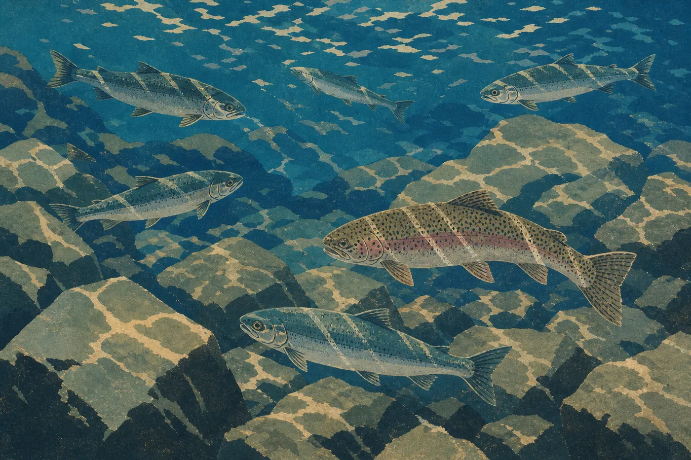 Illustration sérigraphiée : Truite arc-en-ciel et saumons kokanee visibles dans les eaux transparentes près de Cleetwood Cove