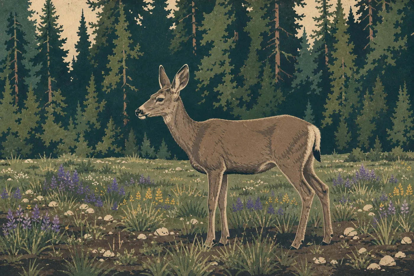 Screen-printed illustration: Mule deer standing in a flower-filled subalpine meadow before the conifers of Crater Lake