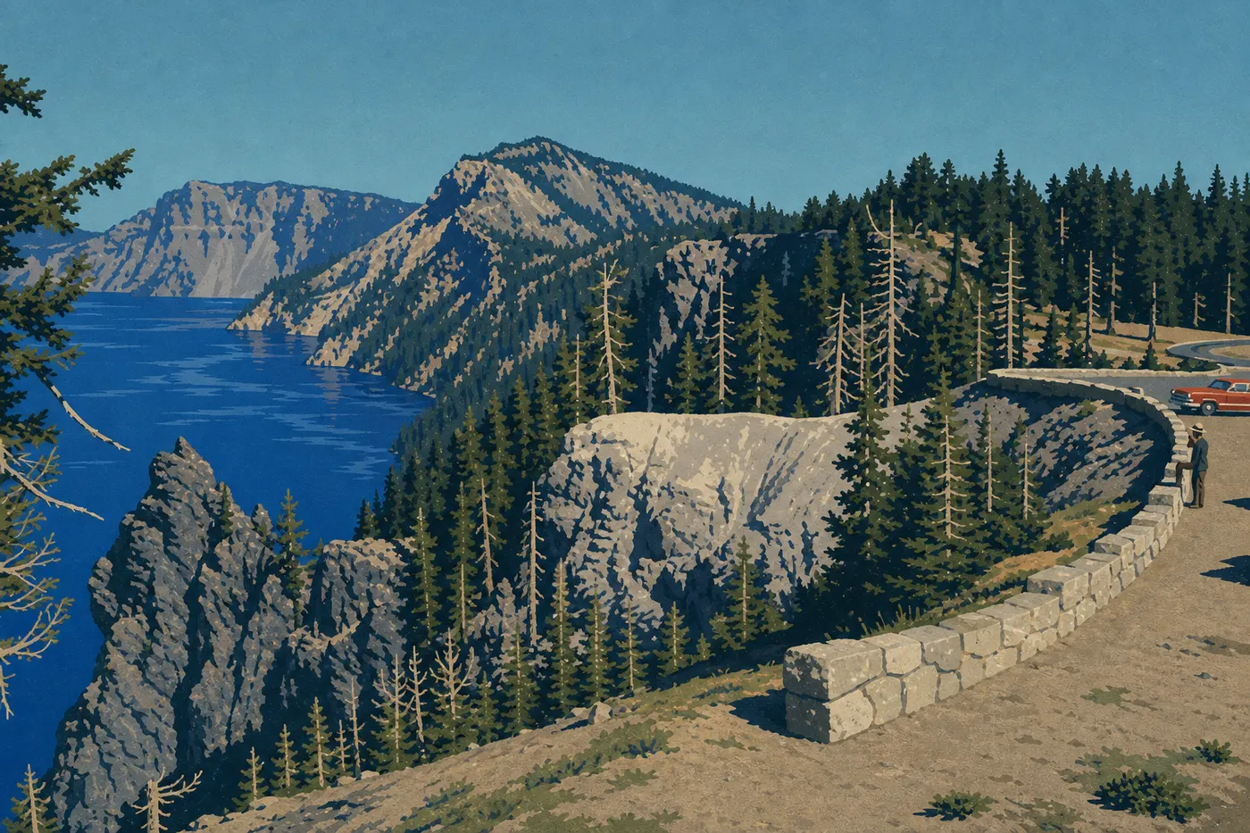 Screen-printed illustration: Deep-blue Crater Lake beneath a clear sky, with visitors along the rim in summer.