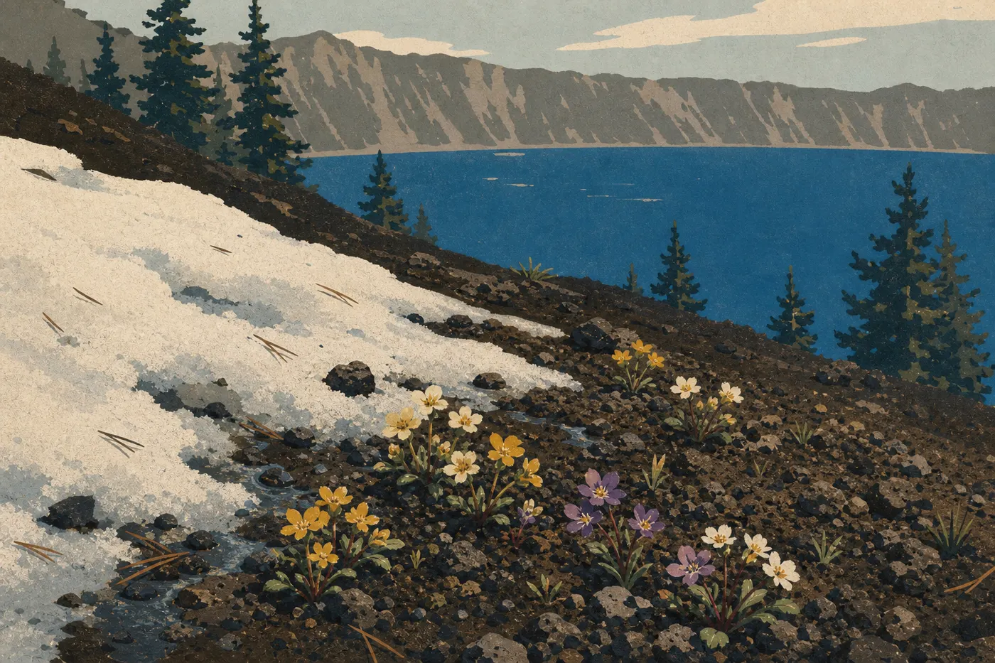 Screen-printed illustration: Wildflowers emerging from late snow on the slopes above the lake in spring