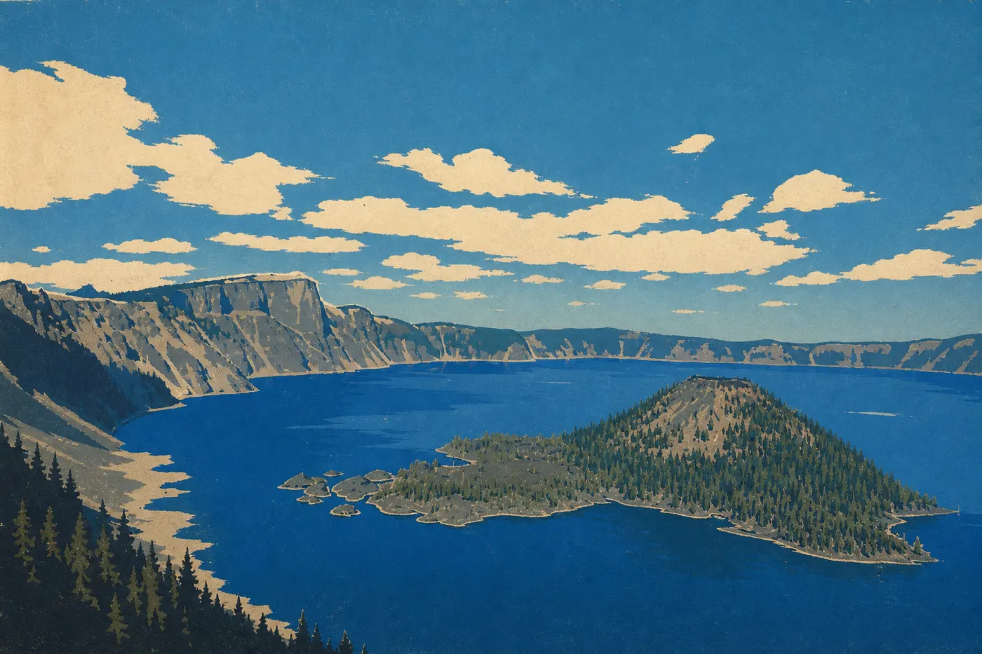 Illustration sérigraphiée : Panorama estival du lac bleu avec Wizard Island centrée sous les remparts de la caldeira du mont Mazama